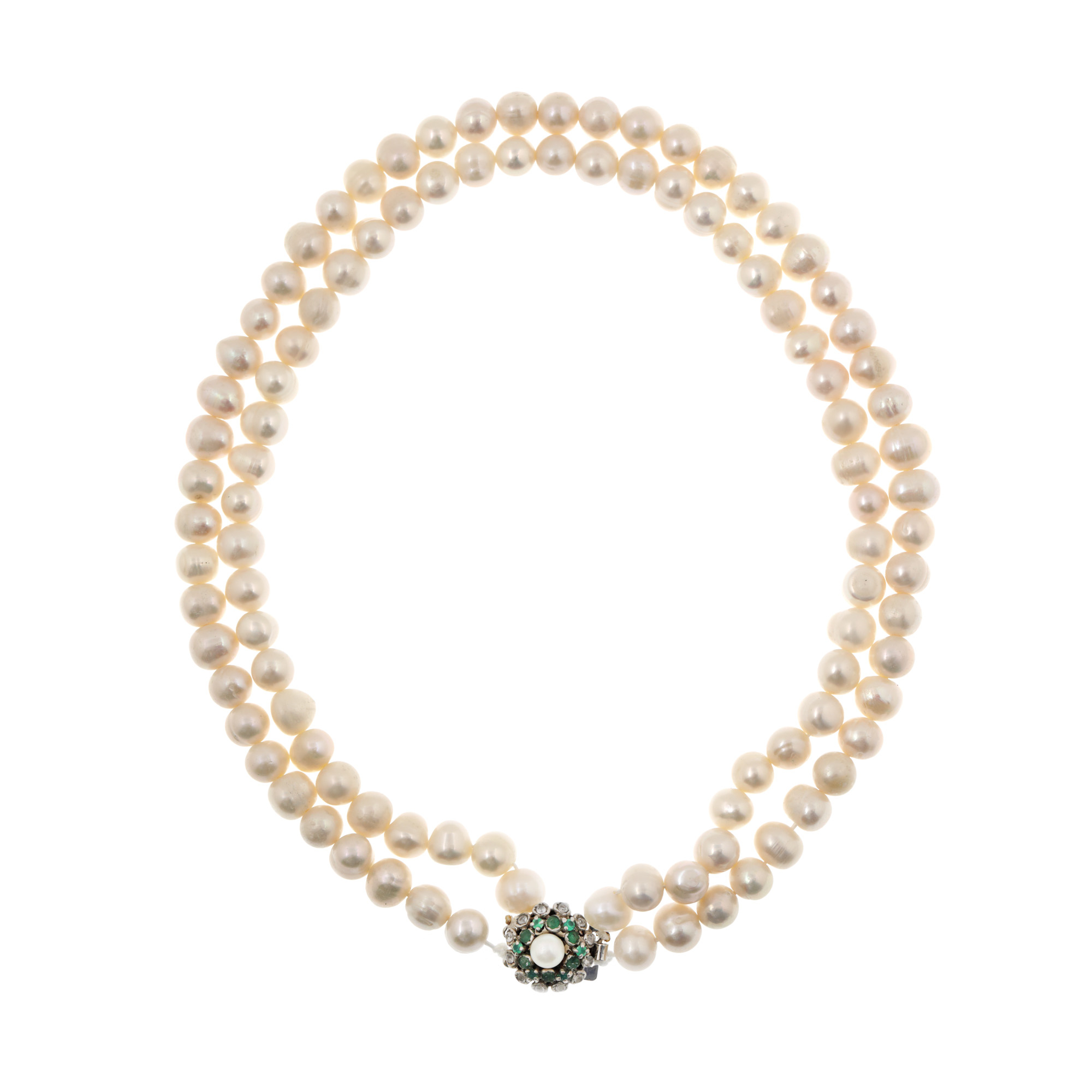 Pearl necklace with white gold clasp, adorned with emeralds, chalcedony and white quartz