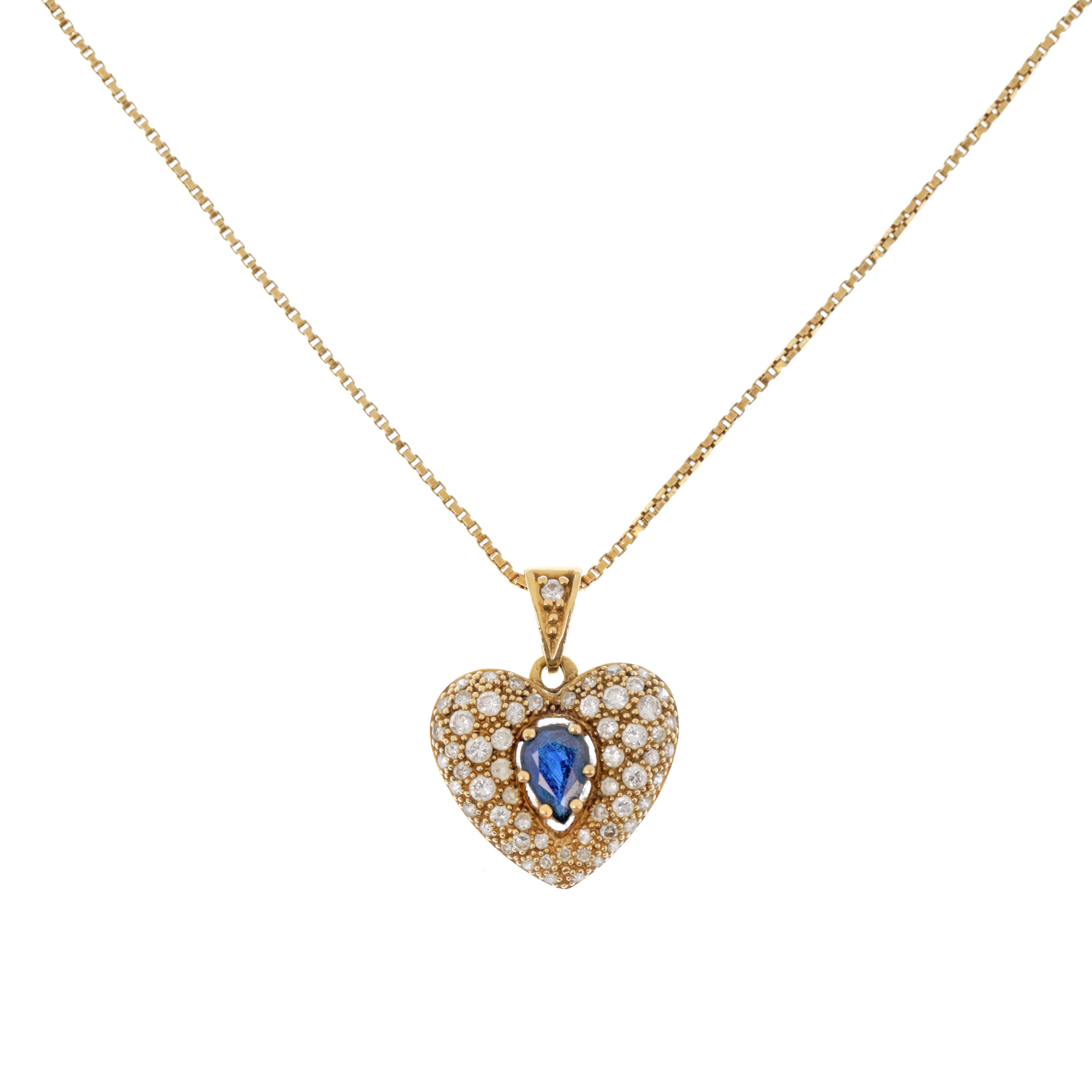 Gold necklace with heart-shaped pendant, adorned
 with a central sapphire and diamonds