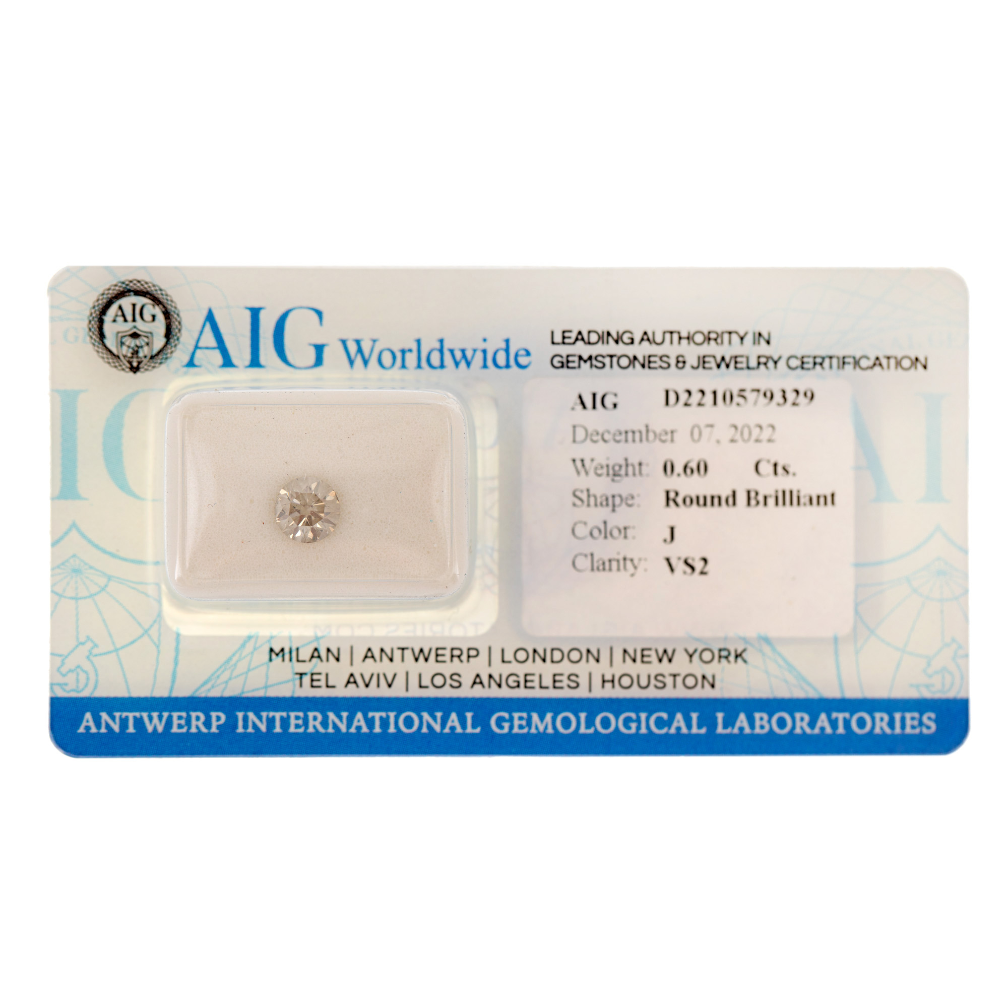 Diamant rotund briliant de culoare J, 0,60 ct., însoțit de certificat gemologic AIG