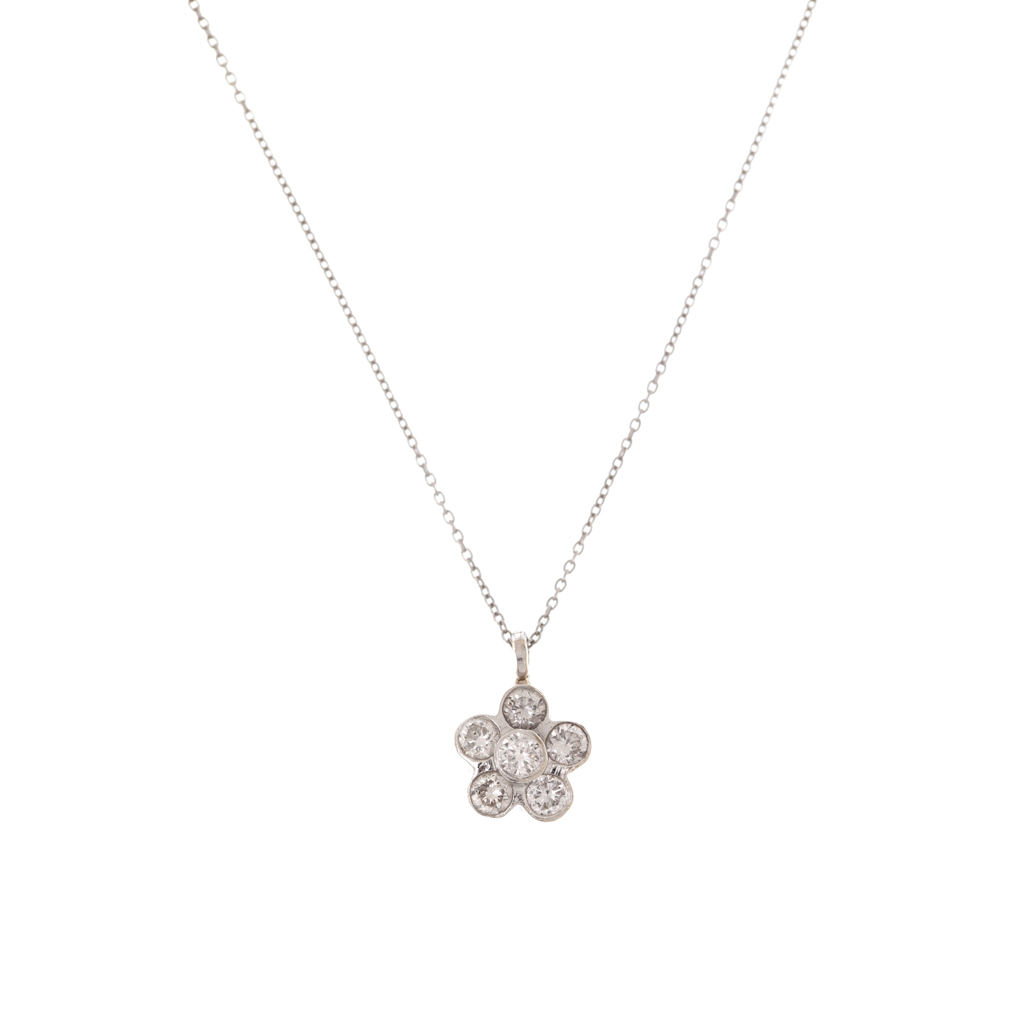 White gold necklace with a flower-shaped pendant, adorned with diamonds