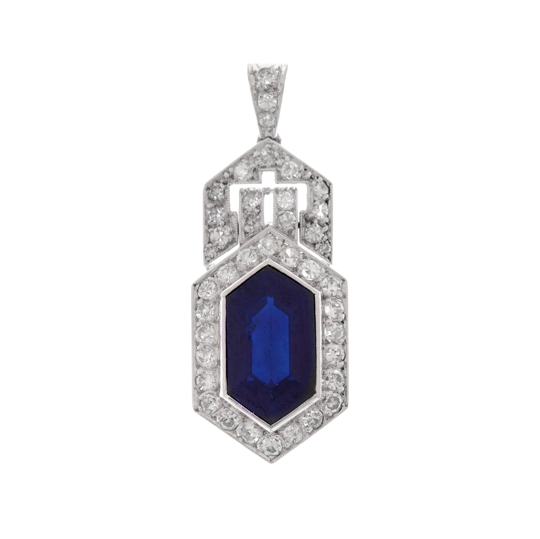 Art Deco style white gold pendant, centrally adorned with sapphire, set with diamonds