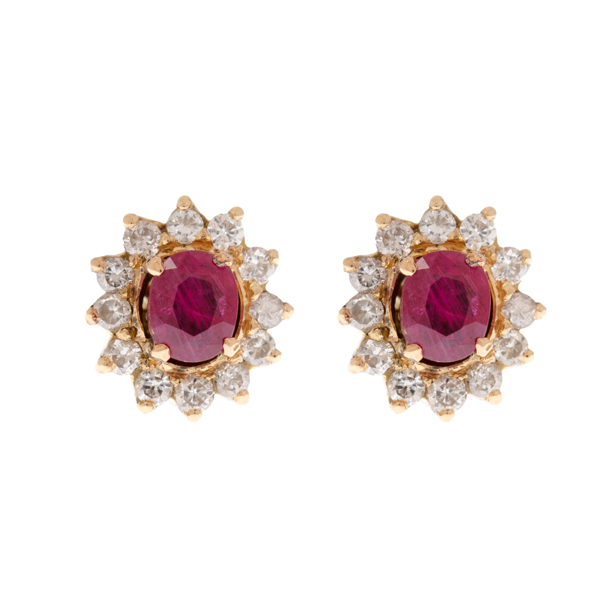 Pair of gold earrings, adorned with rubies and diamonds