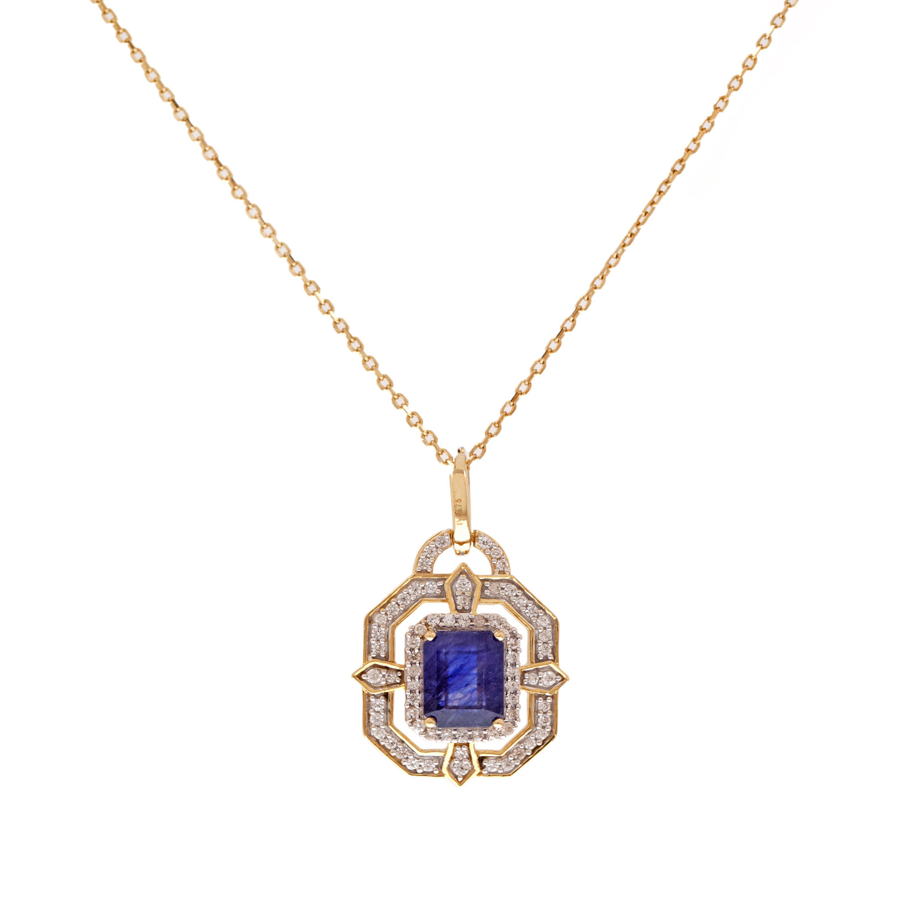 Gold pendant chain, adorned with a large sapphire, set with white sapphires