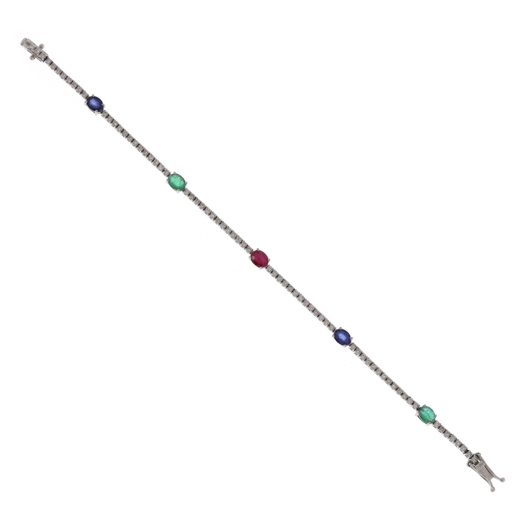 Elegant white gold bracelet, adorned with diamonds, sapphires, rubies, and emeralds