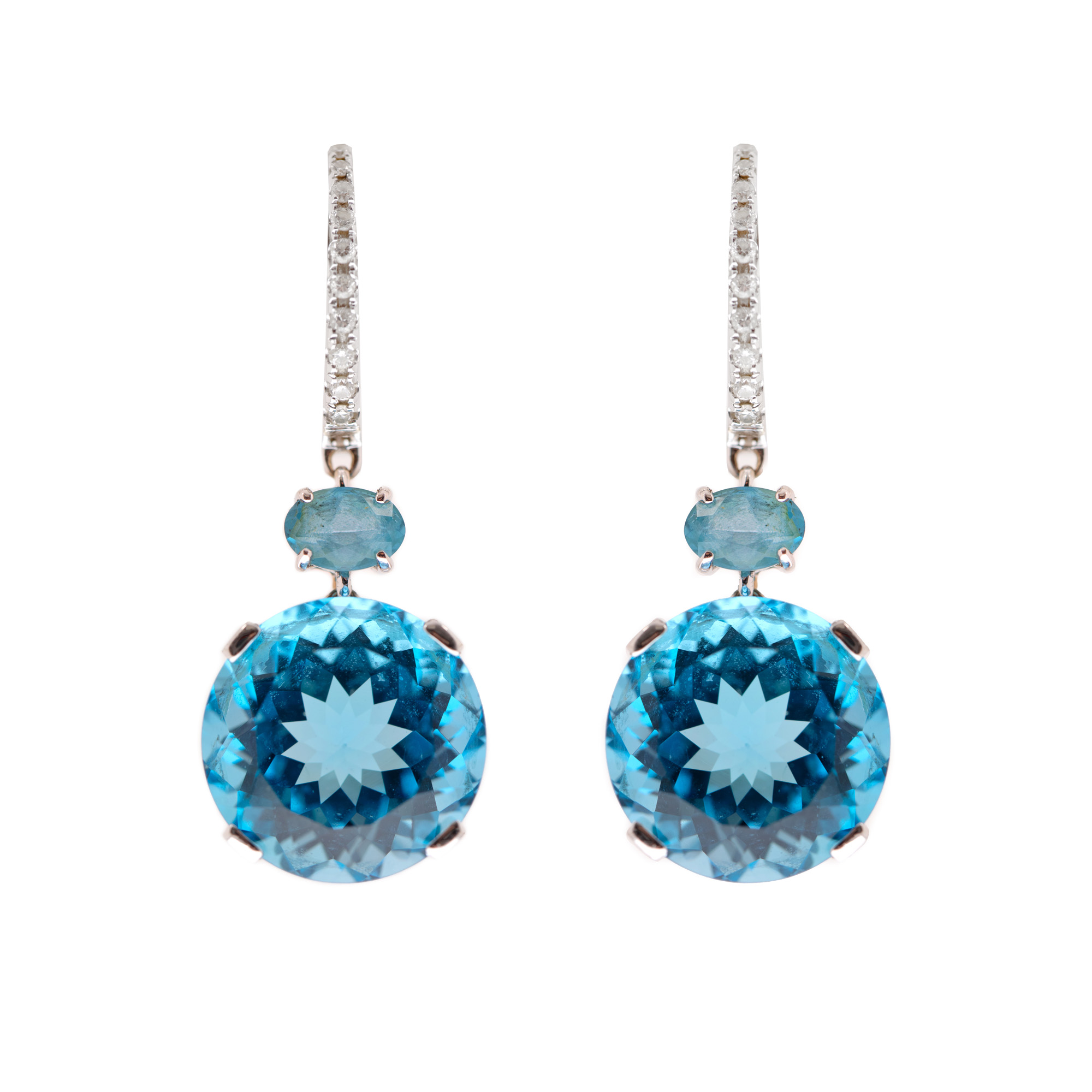 Pair of white gold earrings, adorned with topazes and diamonds, accompanied by a certificate 