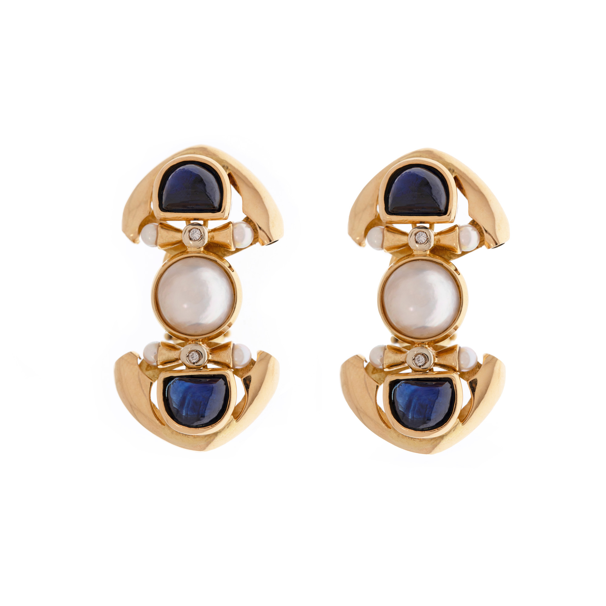Pair of rose gold earrings, adorned with sapphires, pearls and diamonds