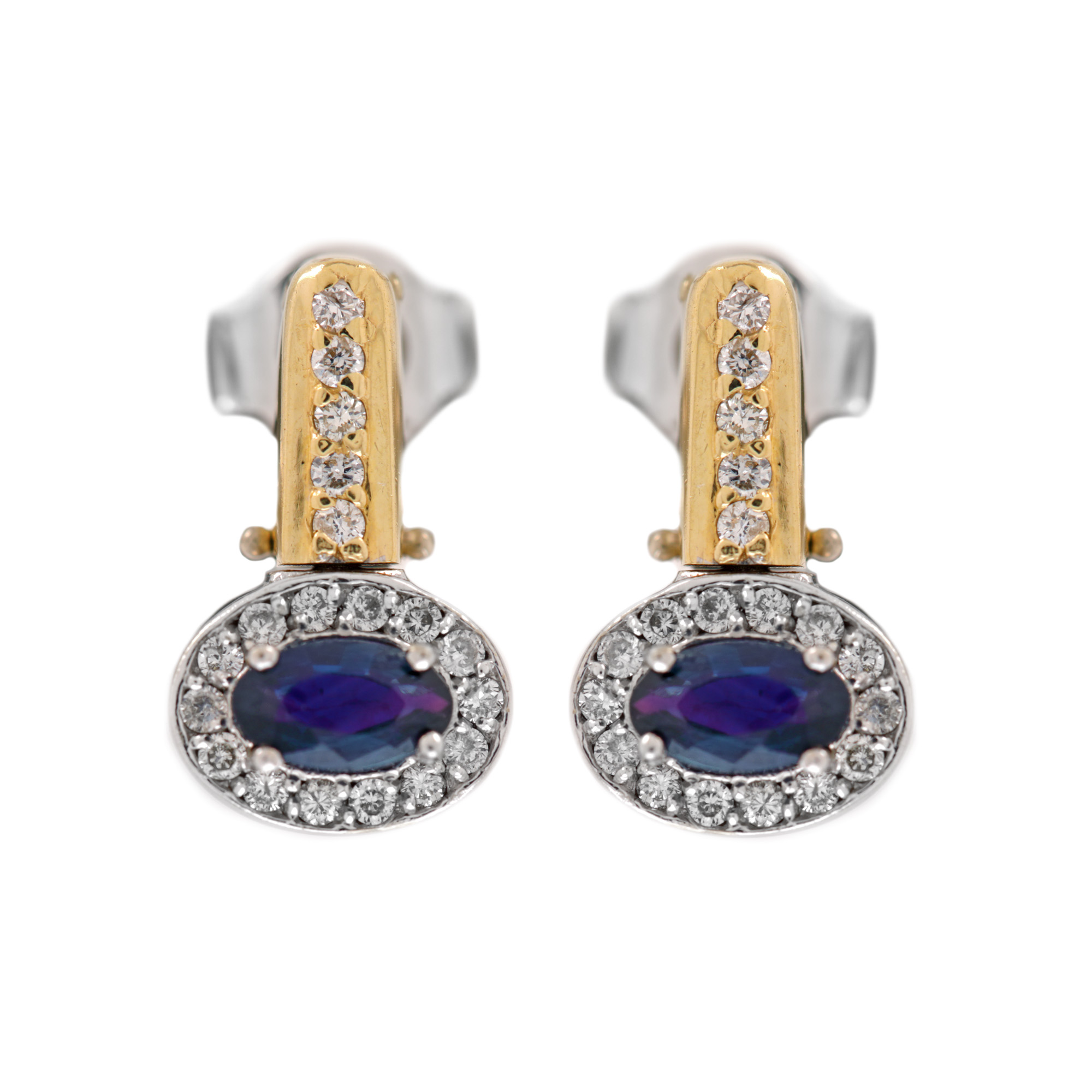 Pereche de cercei din aur bicolor, reversibilă, decorată cu rubin și safir în anturaj de diamante 