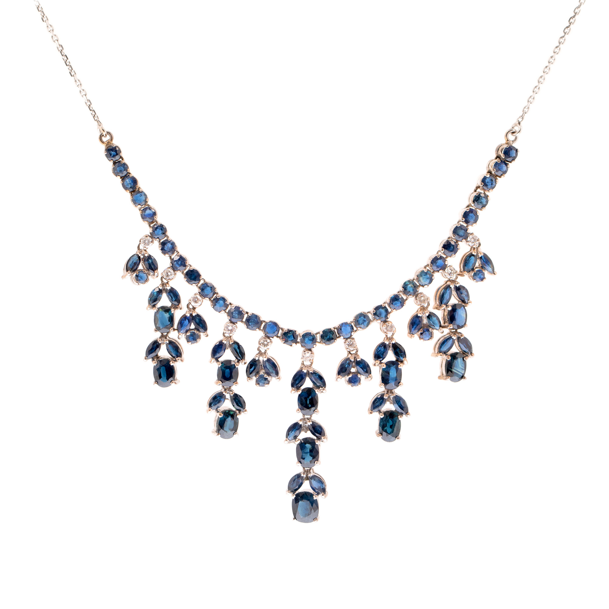 Elegant necklace made of white gold and silver, adorned with sapphires and diamonds 