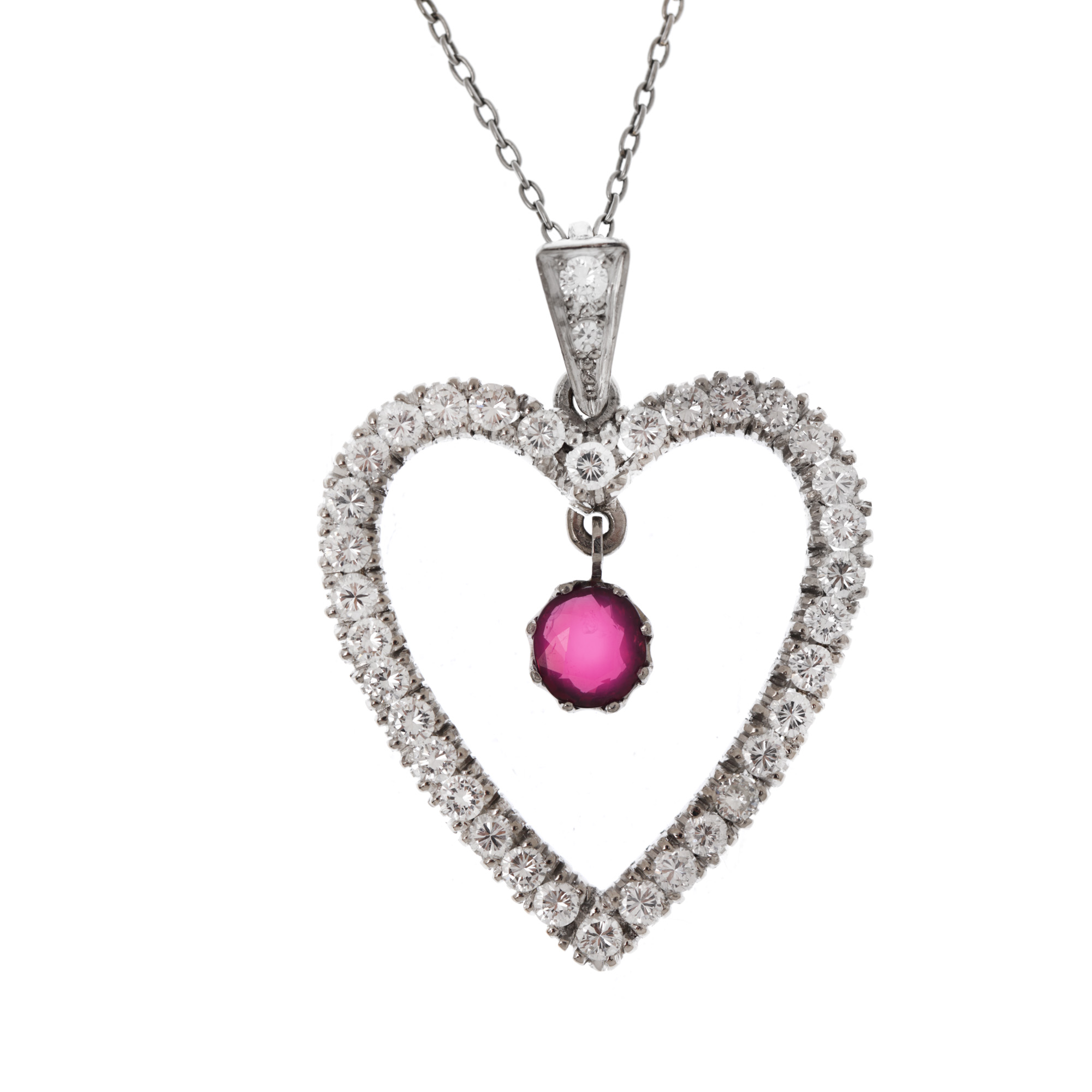 Heart-shaped white gold pendant chain set with diamonds and central ruby