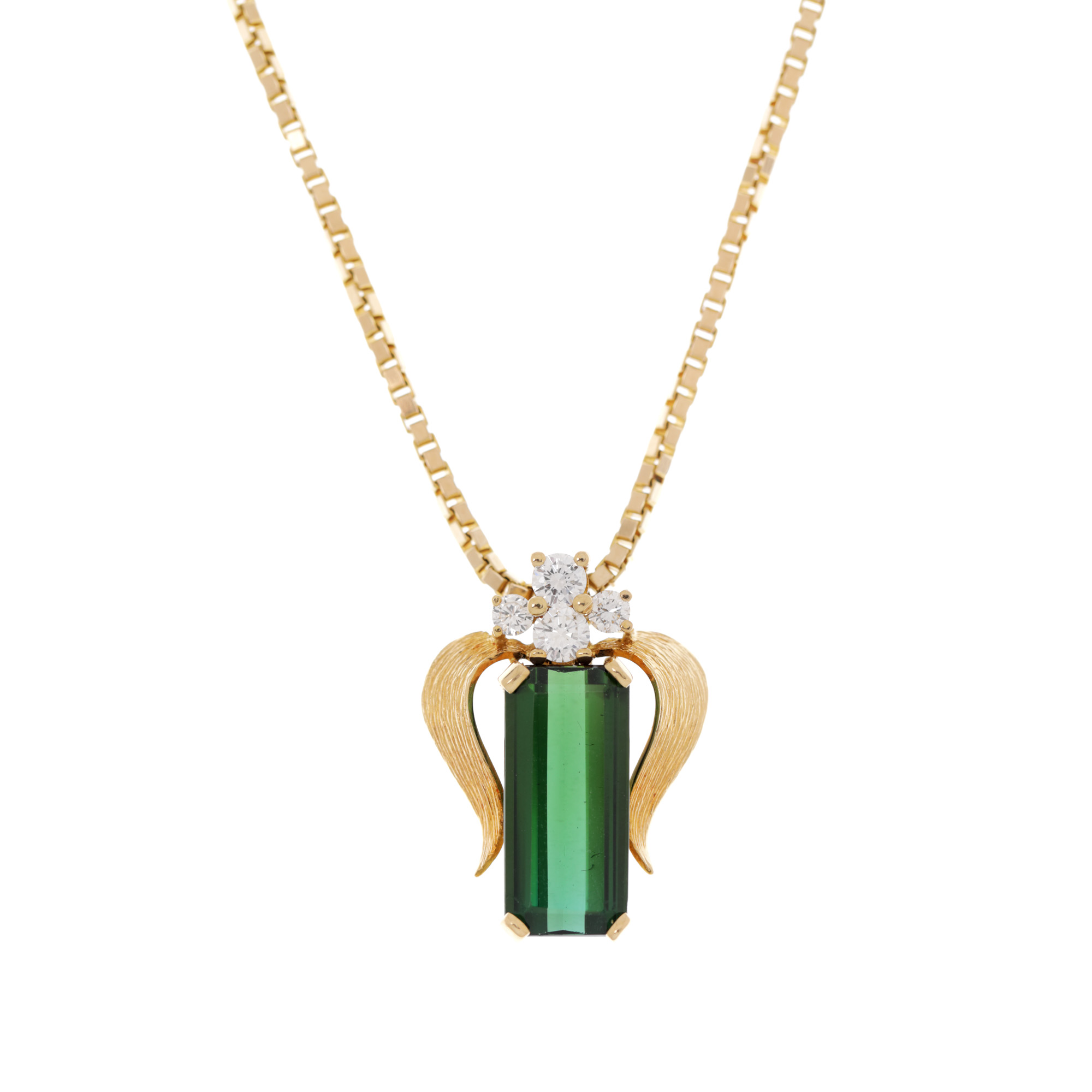 Lanț cu pandantiv din aur, decorat cu turmalină verde și diamant