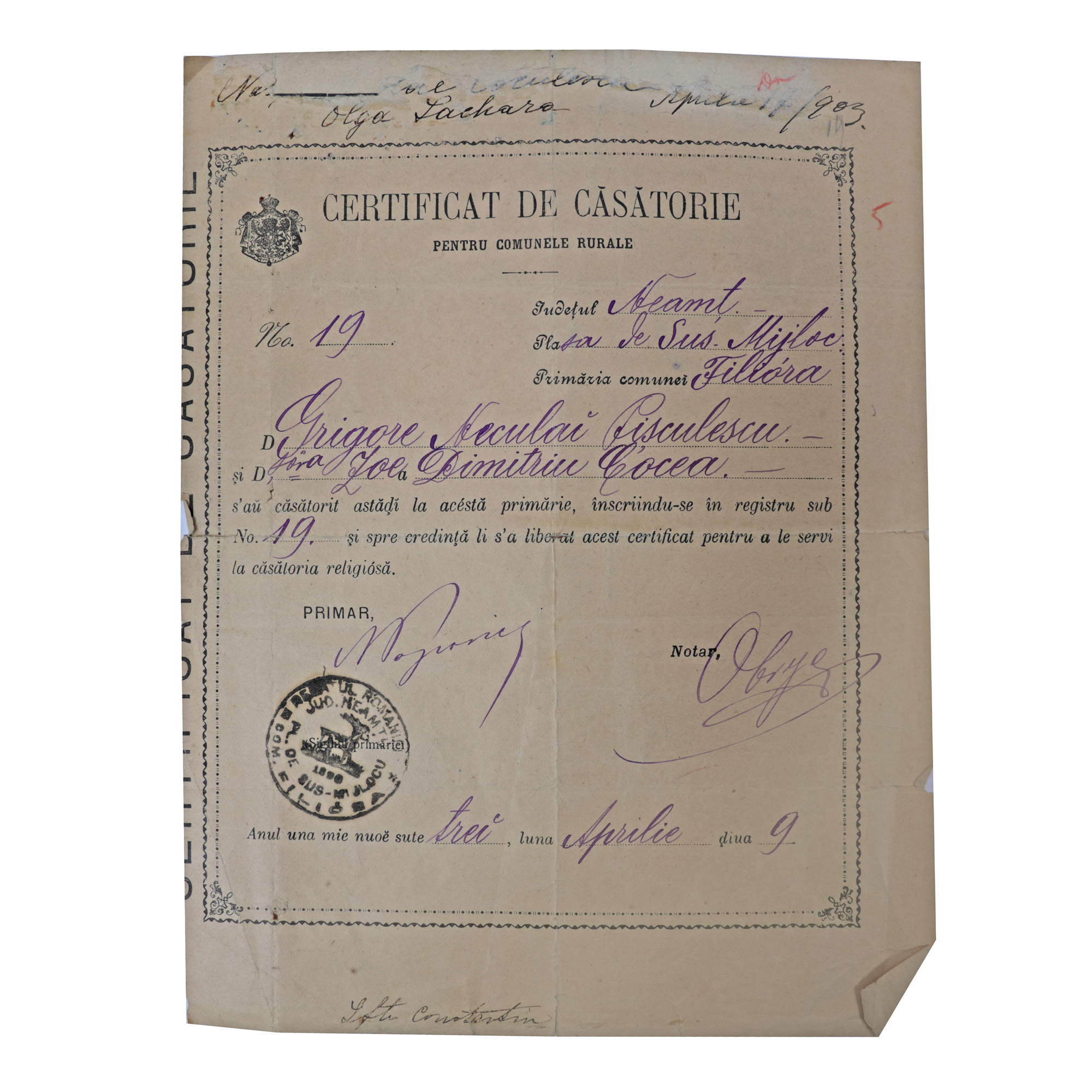 The Marriage Certificate of Father Gala Galaction, with his original name of Grigore Pișculescu, with Zoe Dimitriu Cocea, originates from the historical collection of Șerban Țuculescu-Maria Galaction