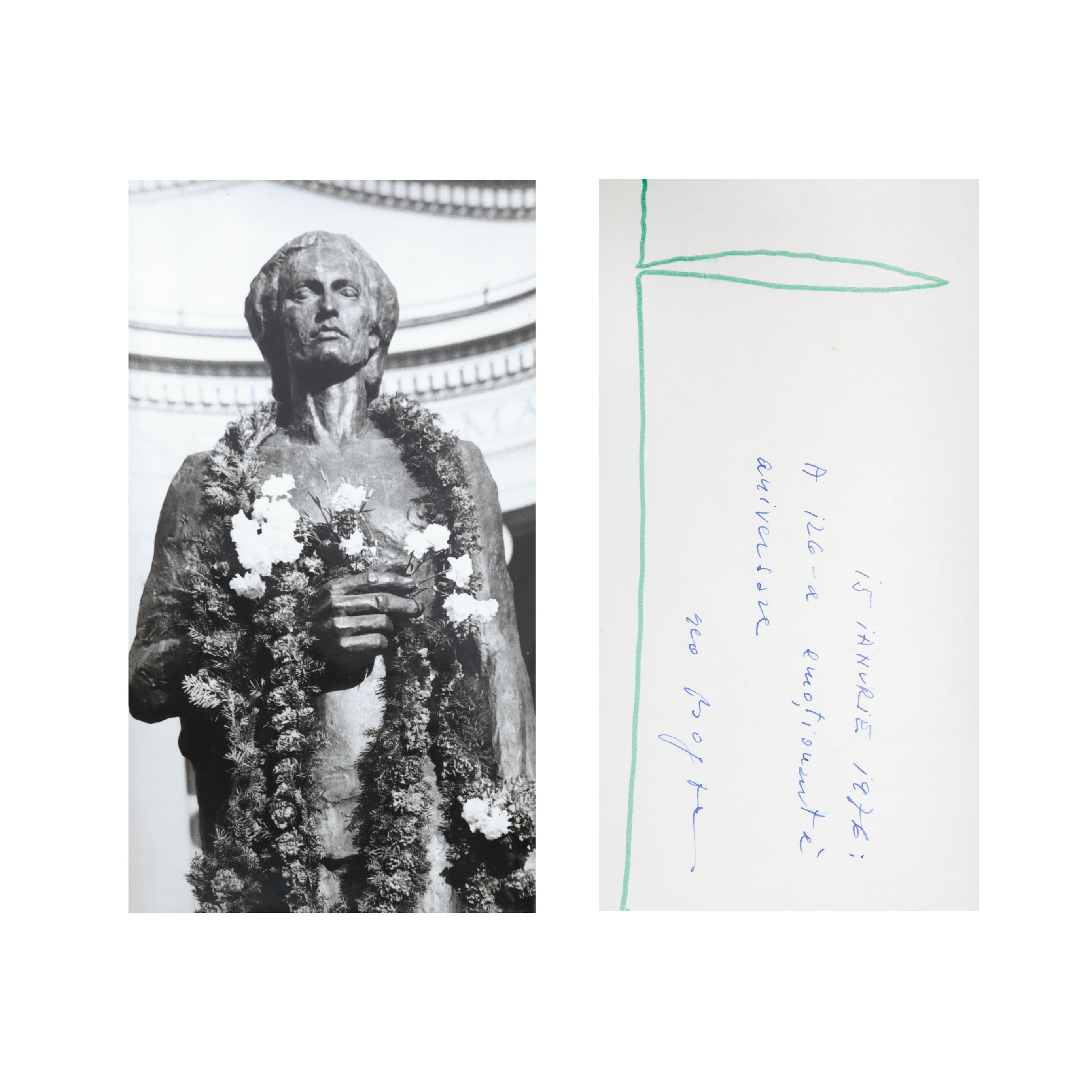 Lot format dintr-o fotografie cu o dedicație, un desen și semnătura olografă a lui Geo Bogza, 1976, provine din colecția fostului Ministru de Externe George Macovescu