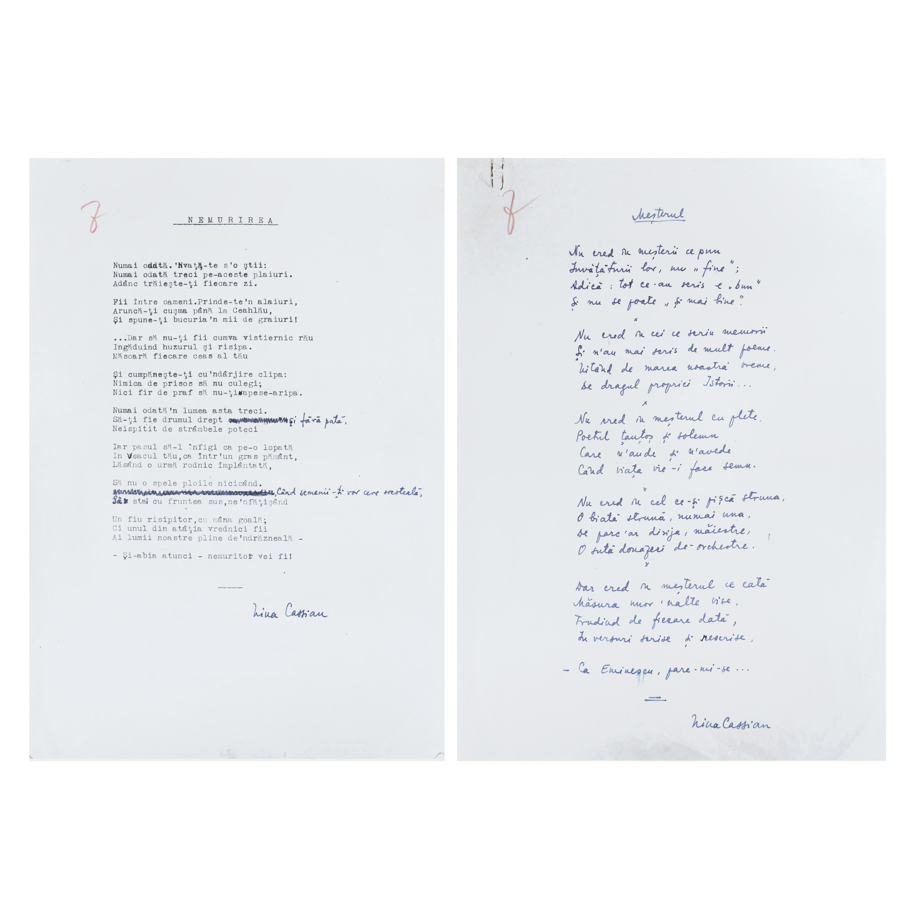 Lot format din două manuscrise ale Ninei Cassian, oferite lui George Macovescu, Președintele Uniunii Scriitorilor, provin din arhiva acestuia