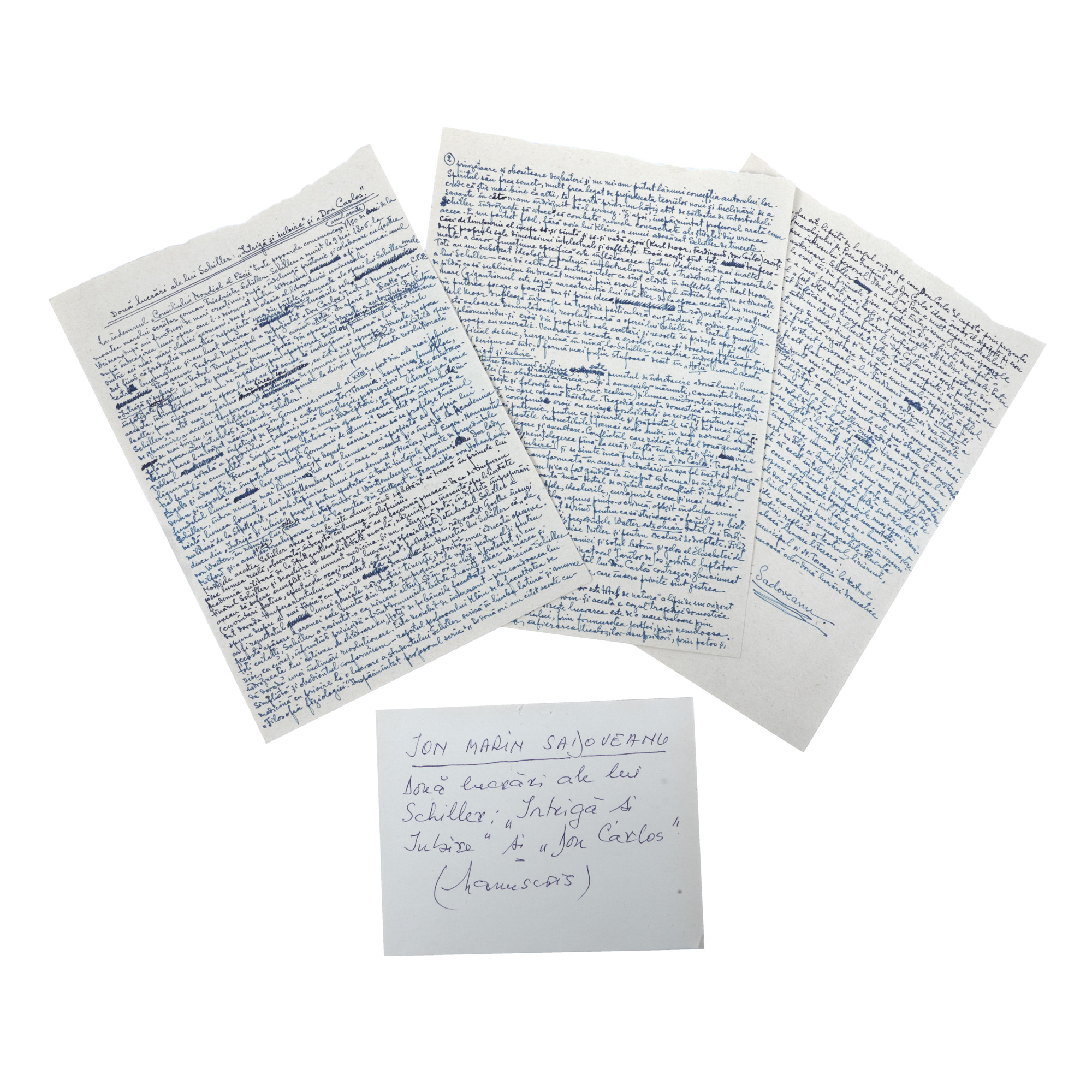 The manuscript of a literary article signed by Ion Marin Sadoveanu about two works by Friedrich Schiller, derived from the archive of the former Foreign Minister George Macovescu.