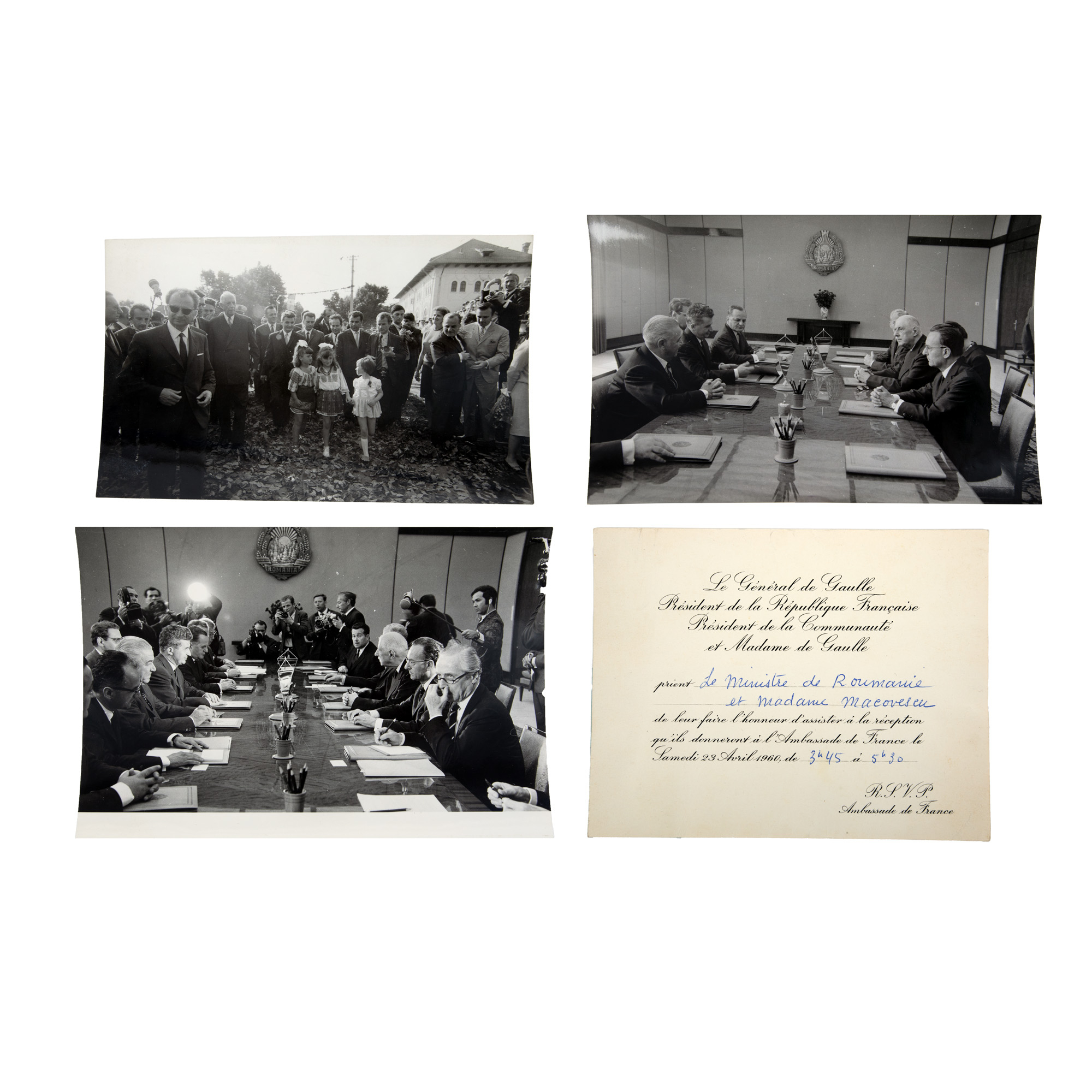 Lot consisting of three photographs and invitation, official visit of the French President Charles de Gaulle to Romania, 1968, originating from the archive of former Foreign Minister George Macovescu