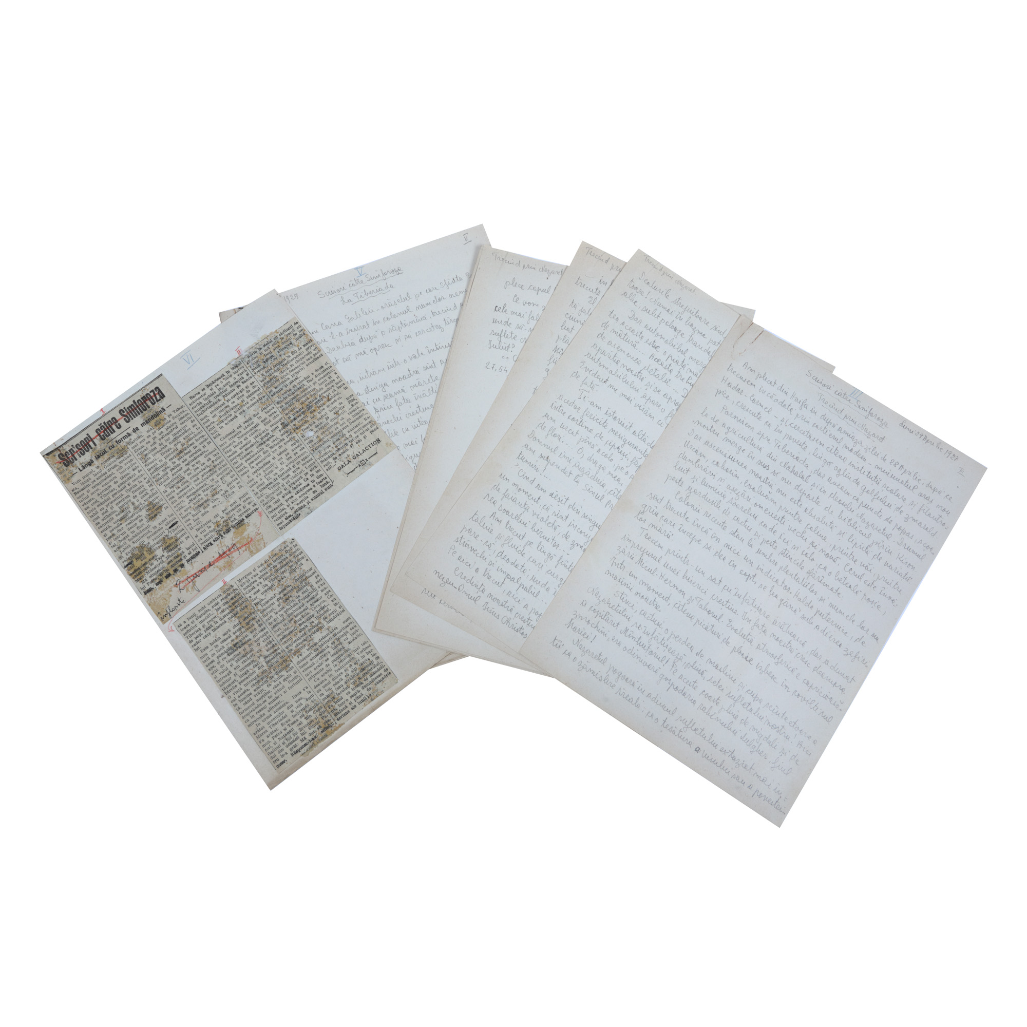 Trei manuscrise din seria "Scrisori către Simforoza", redactate de Părintele Gala Galaction, cu numele său inițial de Grigore Pișculescu, 1927-1929, provin din colecția istorică Șerban Țuculescu-Maria Galaction