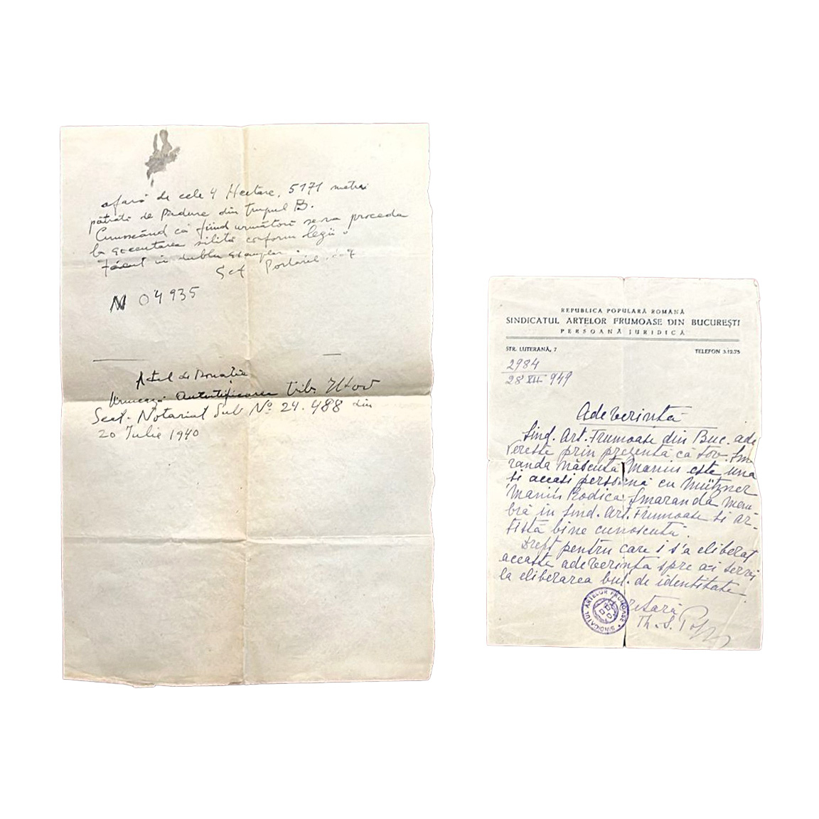 Lot consisting of a summons issued by the Body of Porters in favor of the painter Rodica Maniu, 1943, and a certificate with the letterhead of the Fine Arts Union from Bucharest issued to the painter, 1949, originating from the collection of Rodica Maniu and Samuel Mützner.