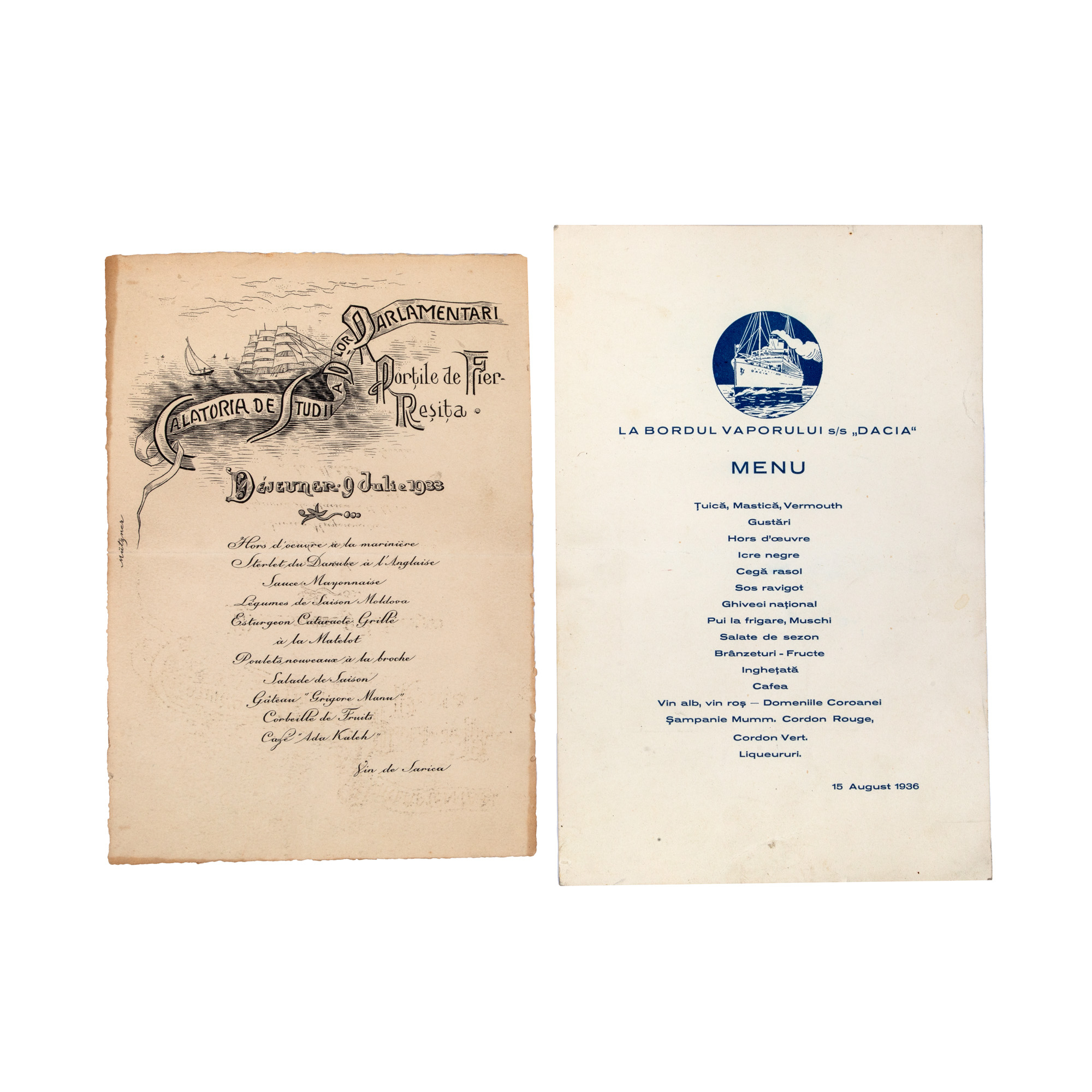 Lot consisting of two menus, made by Marcu Mützner, 1933-1936, from the Rodica Maniu and Samuel Mützner collection