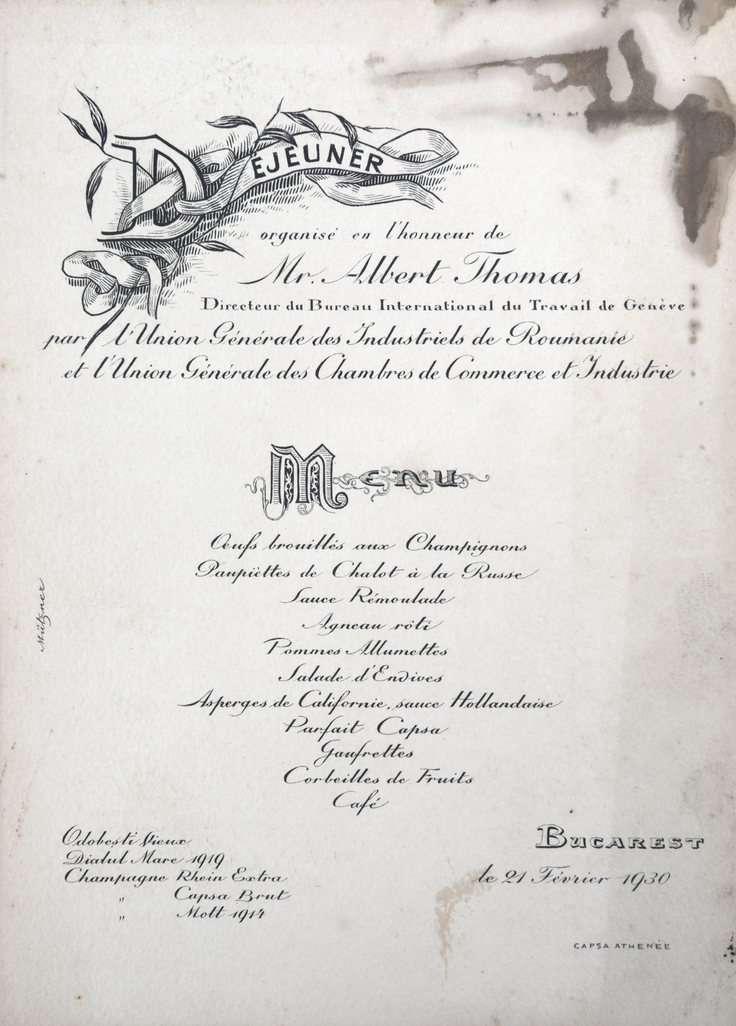 Menu of a lunch in honor of Albert Thomas, made by Marcu Mützner, dated 1930, originating from the collection of Rodica Maniu and Samuel Mützner