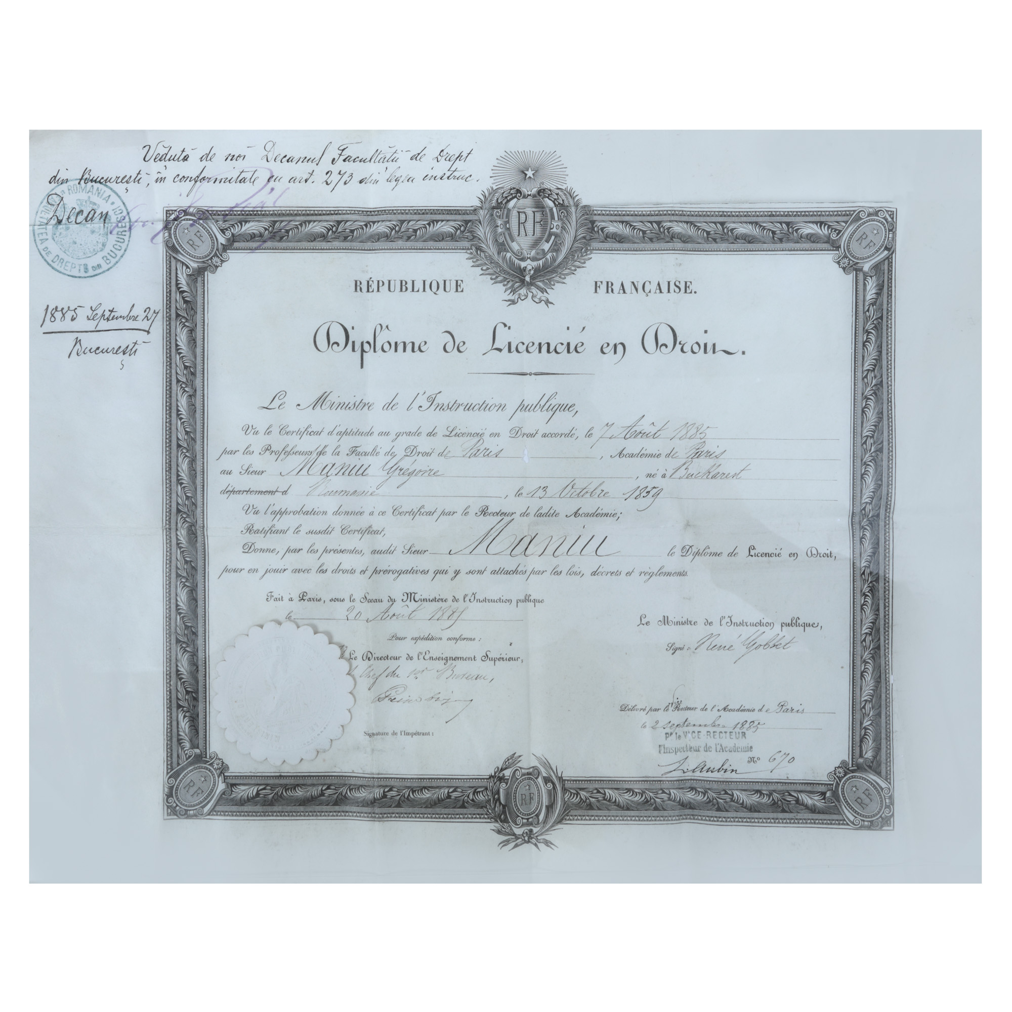 Lot consisting of two law degrees awarded to Grigore Maniu, dated 1884 and 1885, from the collection of Rodica Maniu and Samuel Mützner.