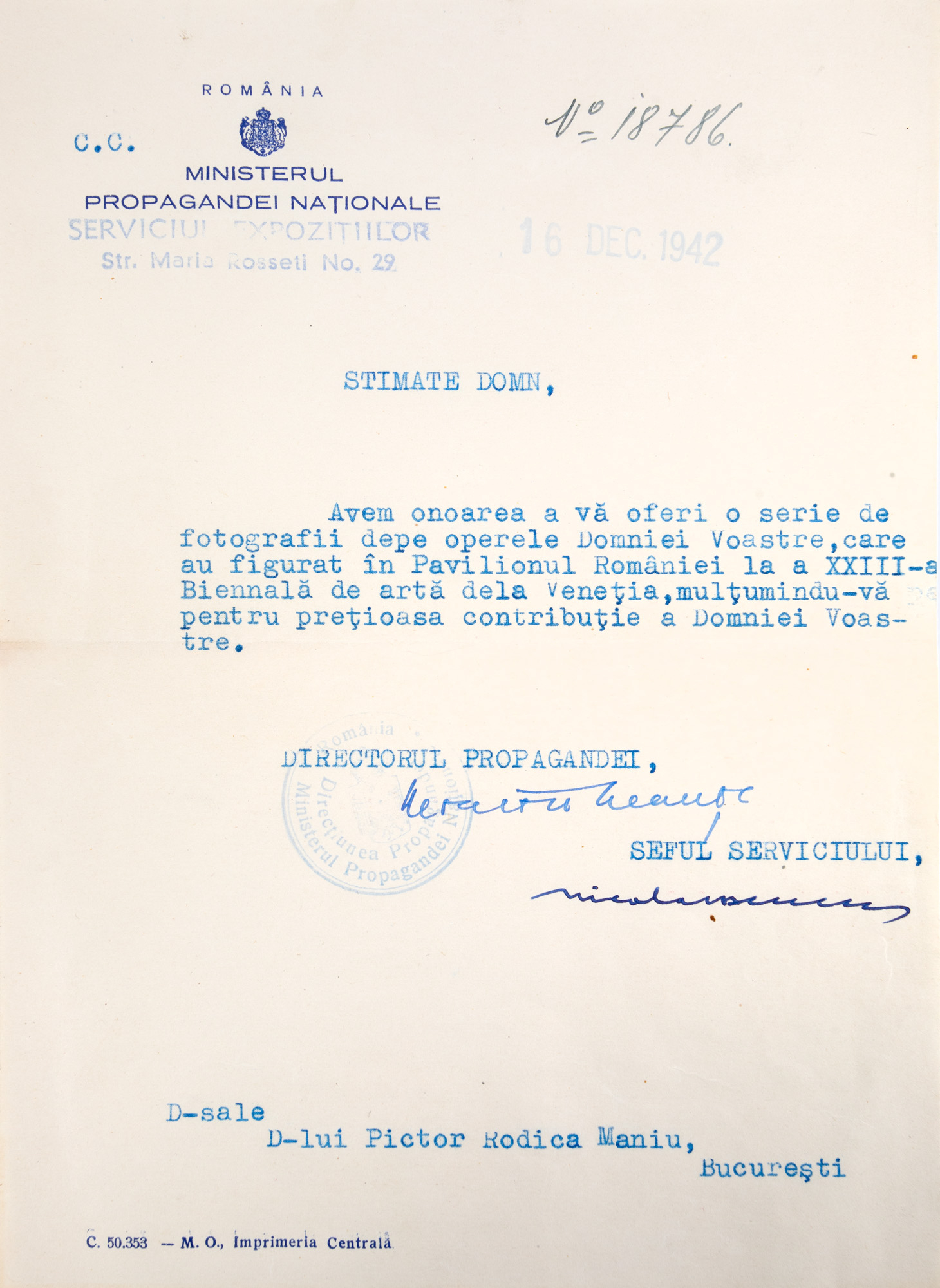 Înștiințare adresată artistei Rodica Maniu, despre primirea unor fotografii ale operelor acesteia expuse în Pavilionul României la a 23-a Bienală de la Veneția, 1942, provine din colecția Rodica Maniu și Samuel Mützner