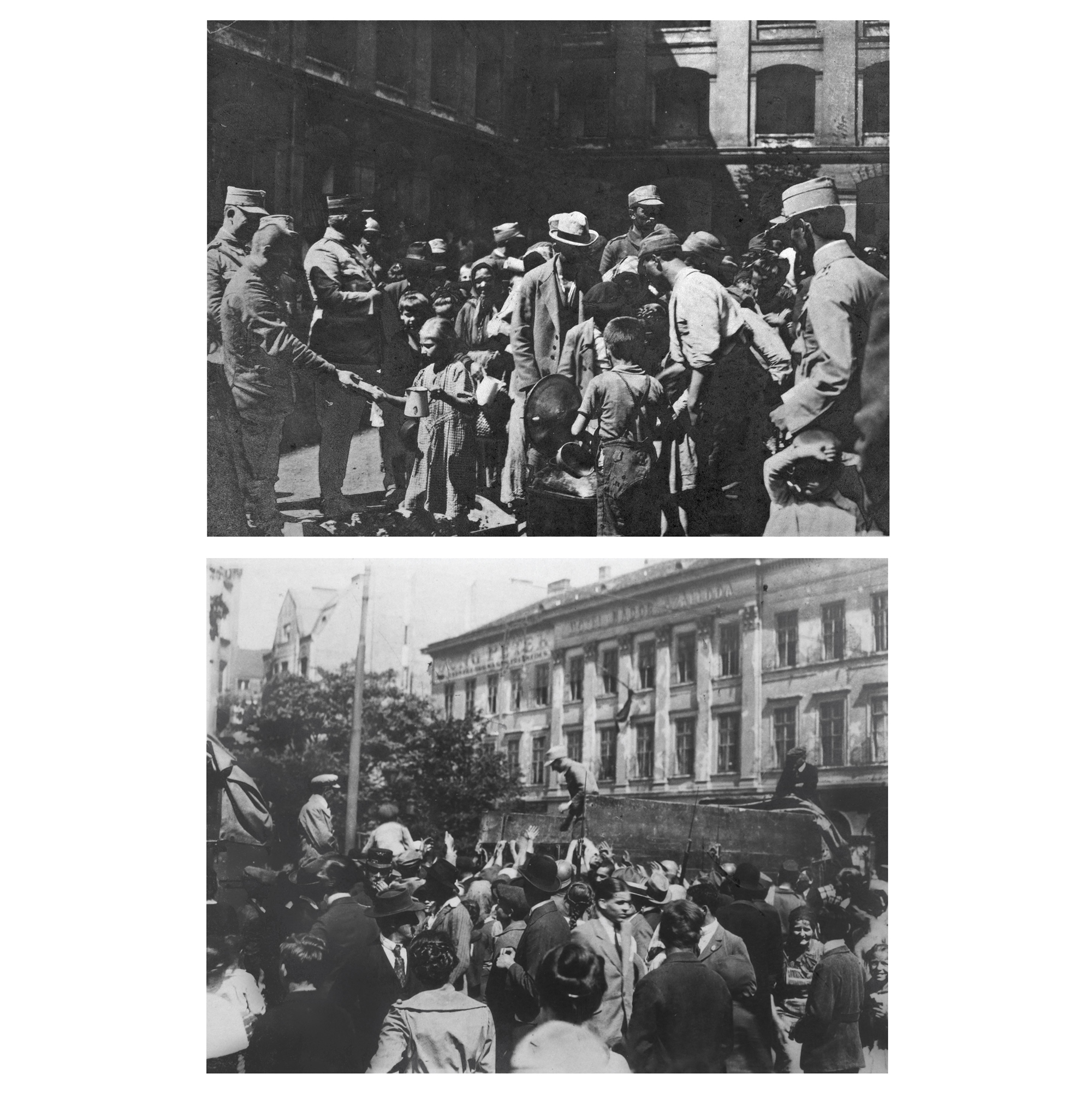 Lot format din două fotografii, trupele române împărțind alimente populației maghiare la Budapesta, 1919