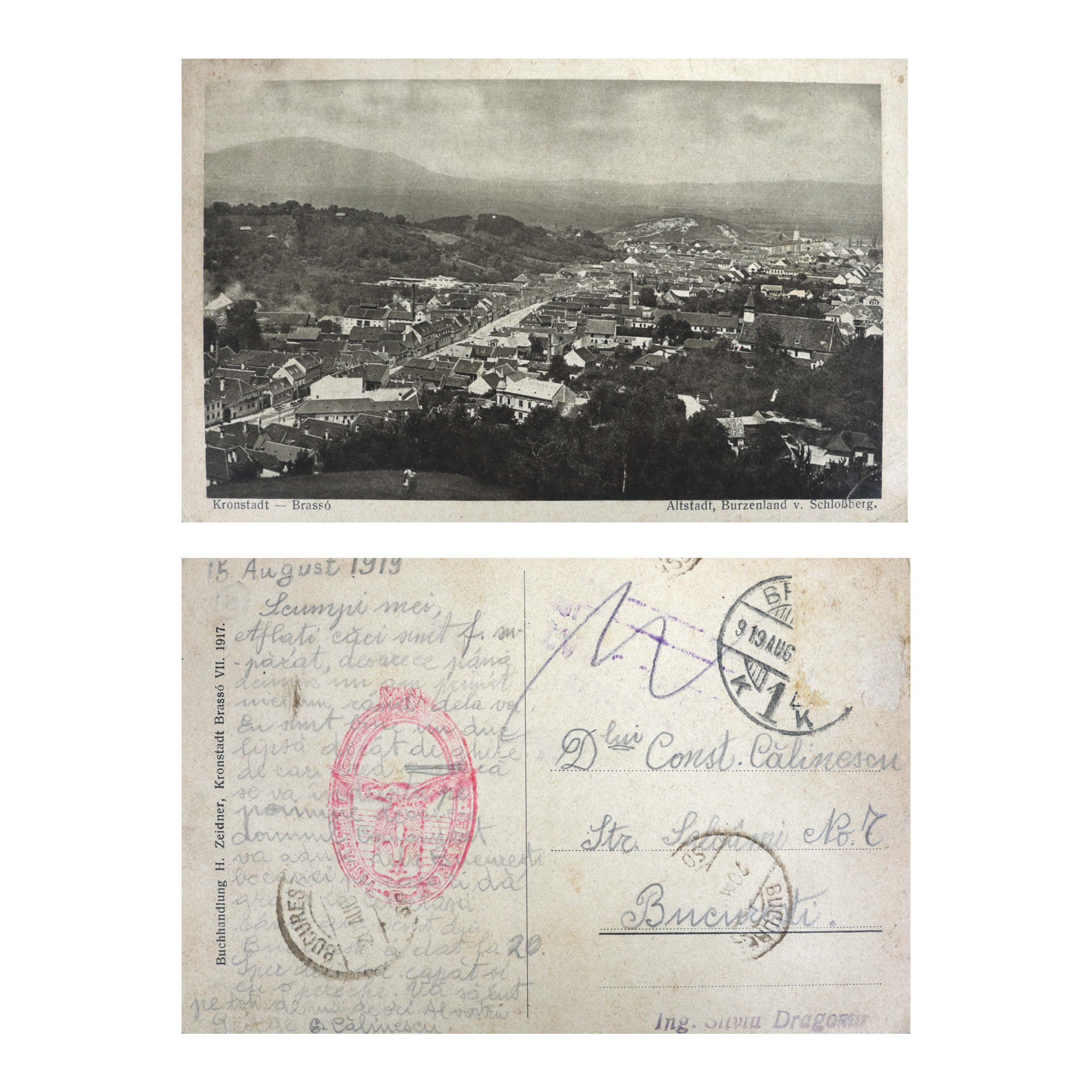 Carte poștală trimisă de George Călinescu părinților, de la Brașov la București, 15 august 1919, cu semnătură olografă