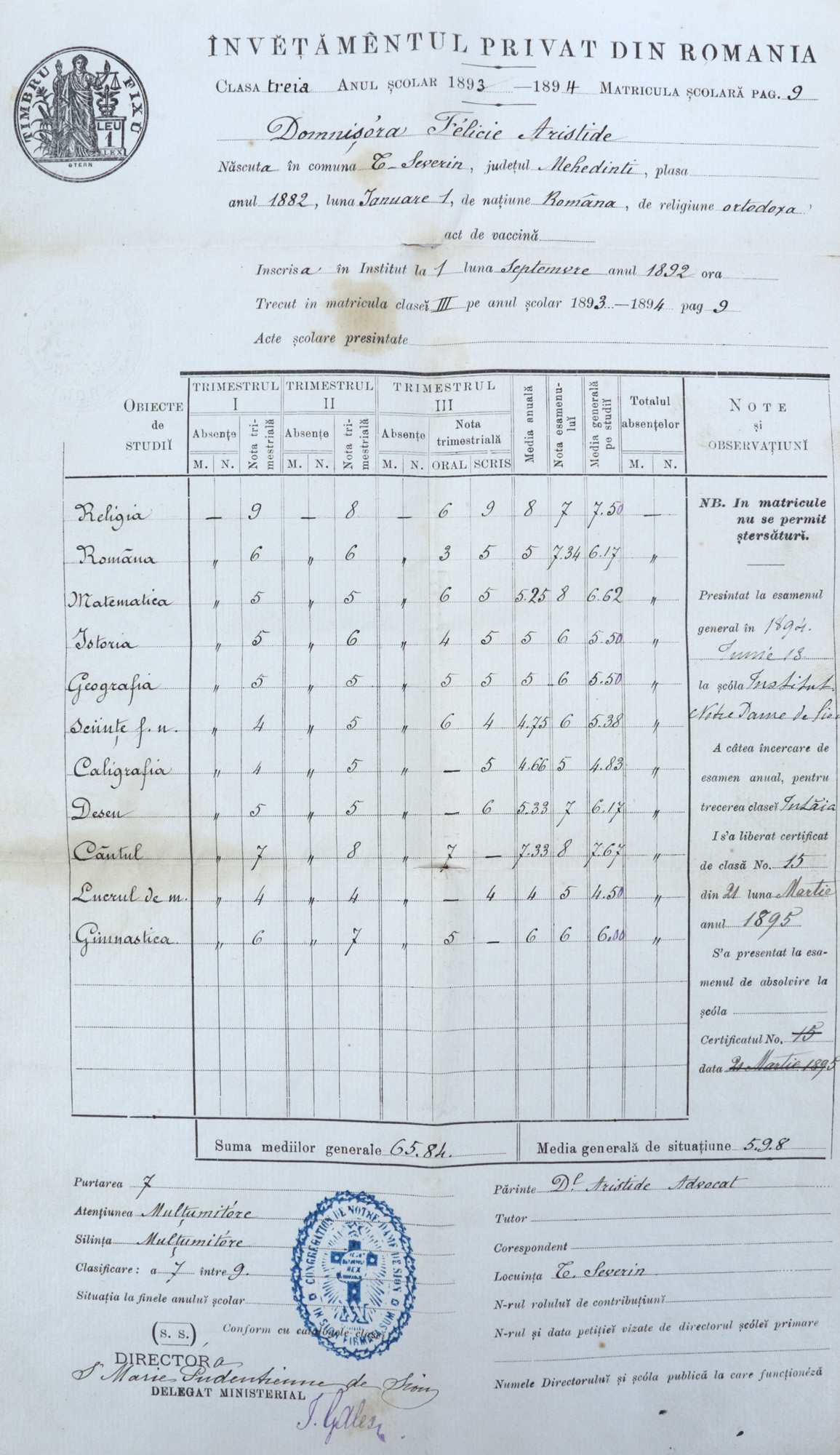 Report card of a student from the private school Notre Dame de Sion, Turnu Severin, 1893-1894