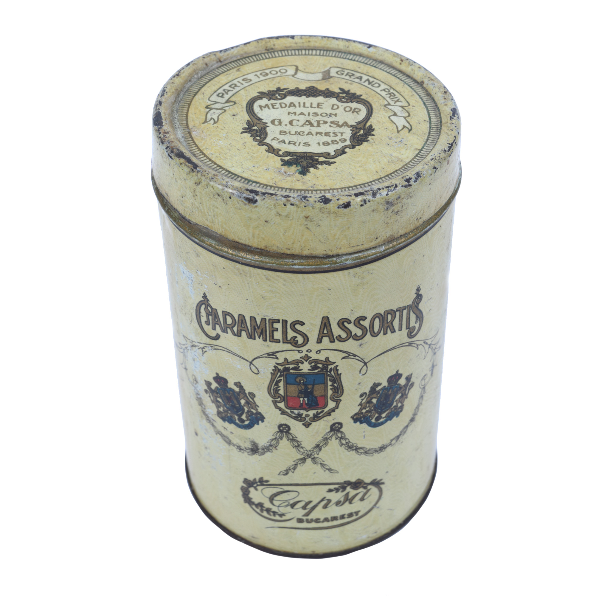 Candy tin box with the royal coat of arms of Romania, Capșa House, interwar period