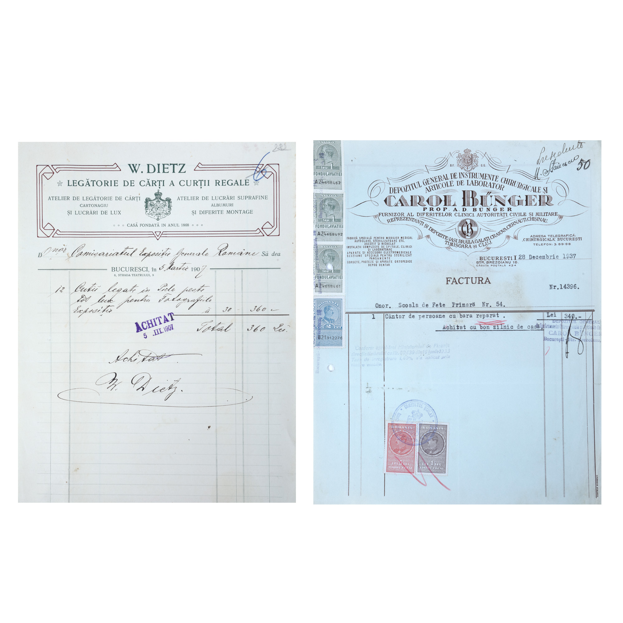 Lot format din două chitanțe, cu antetul Depozitului general de instrumente chirurgicale și al Legătoriei de cărți a Curții Regale, datate 1907 și 1937