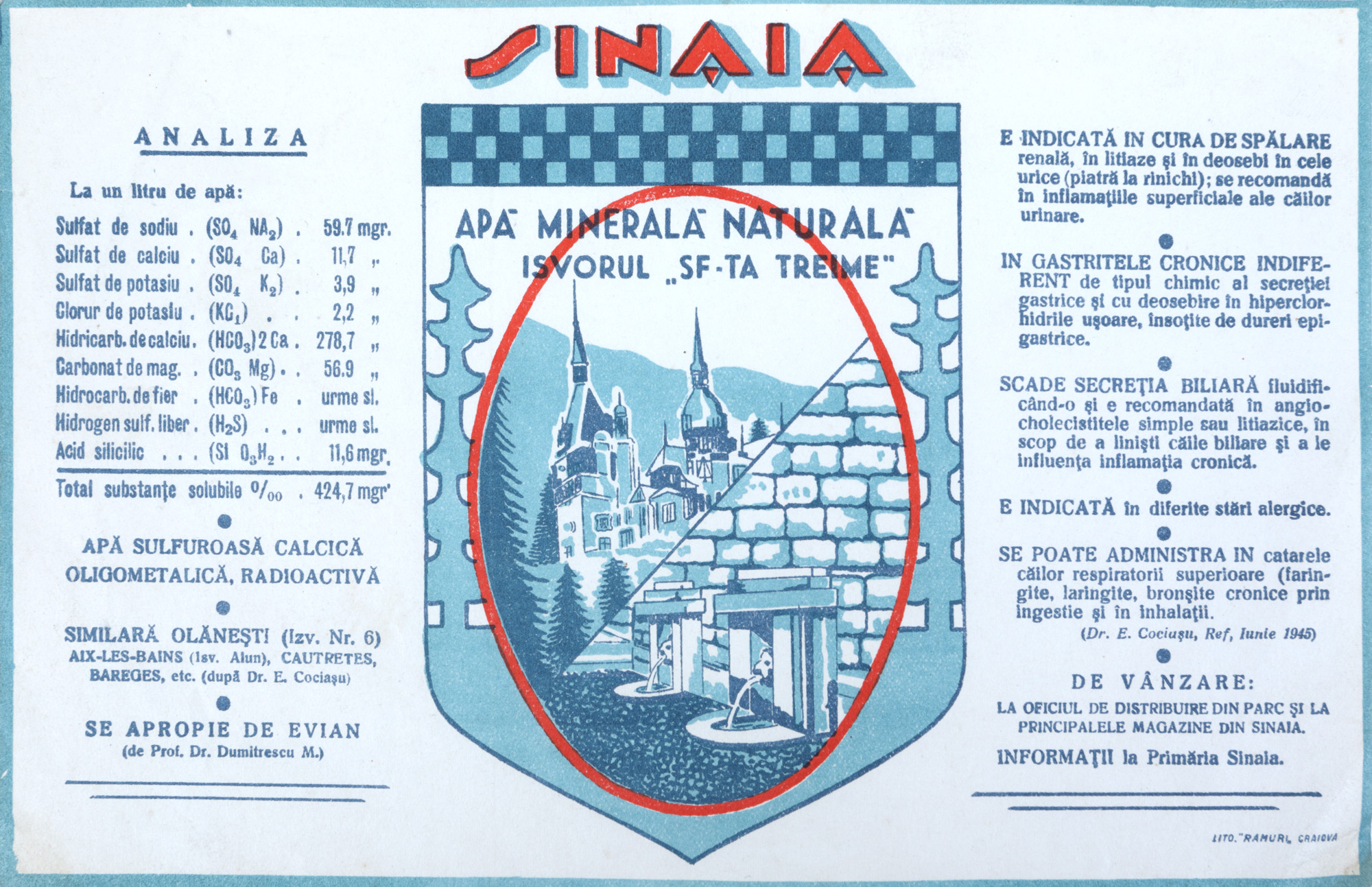 Label from a mineral water bottle from the Holy Trinity spring, Sinaia, interwar period