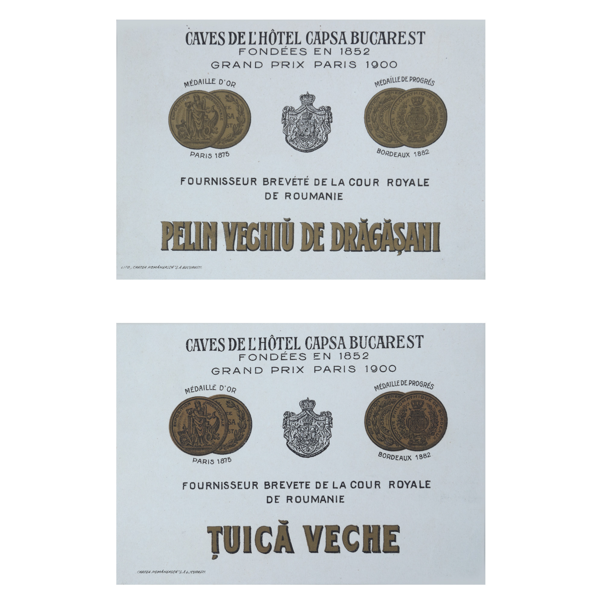Lot format din două etichete de băuturi, "Pelin vechi de Drăgășani" și "Țuică veche", marcate Capșa și tipărite la editura "Cartea Românească" din București, cu stema regală, perioada interbelică
