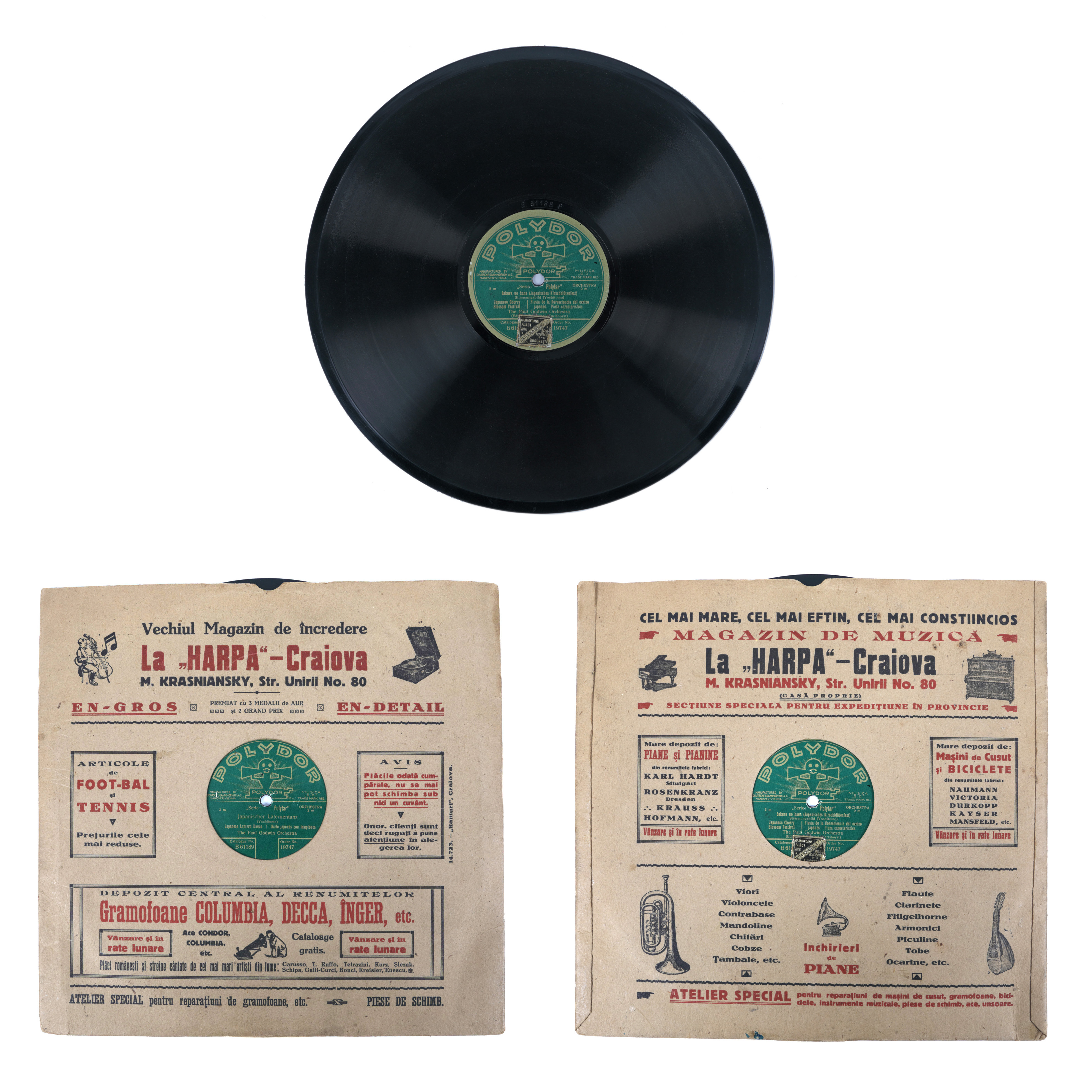Polydor brand gramophone disc, with original paper protection marked "La Harpa Craiova", for "The Dance of the Japanese Lanterns", interwar period