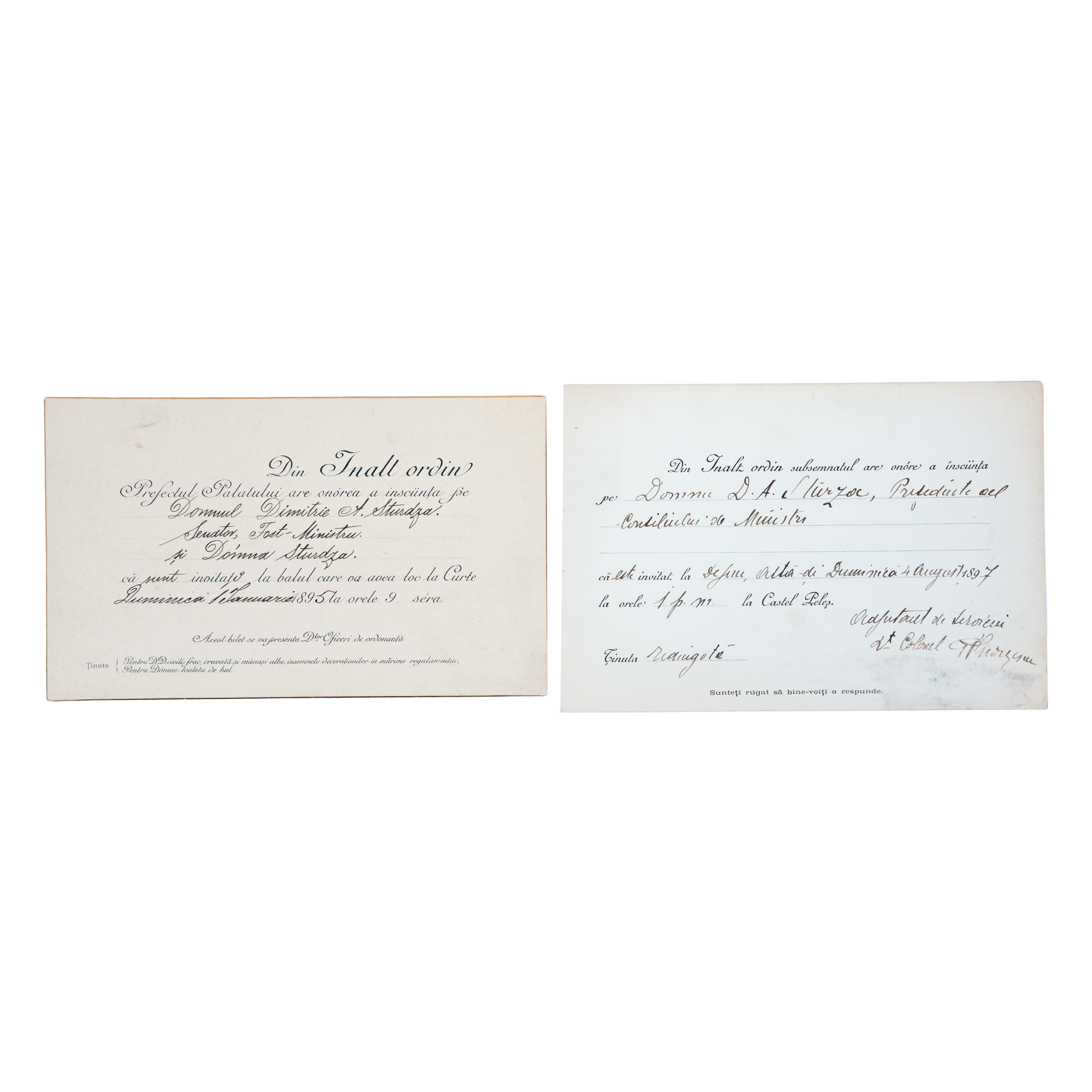 Lot consisting of two invitations from the Royal Court addressed to Dimitrie A. Sturdza, dated 1895 and 1897
