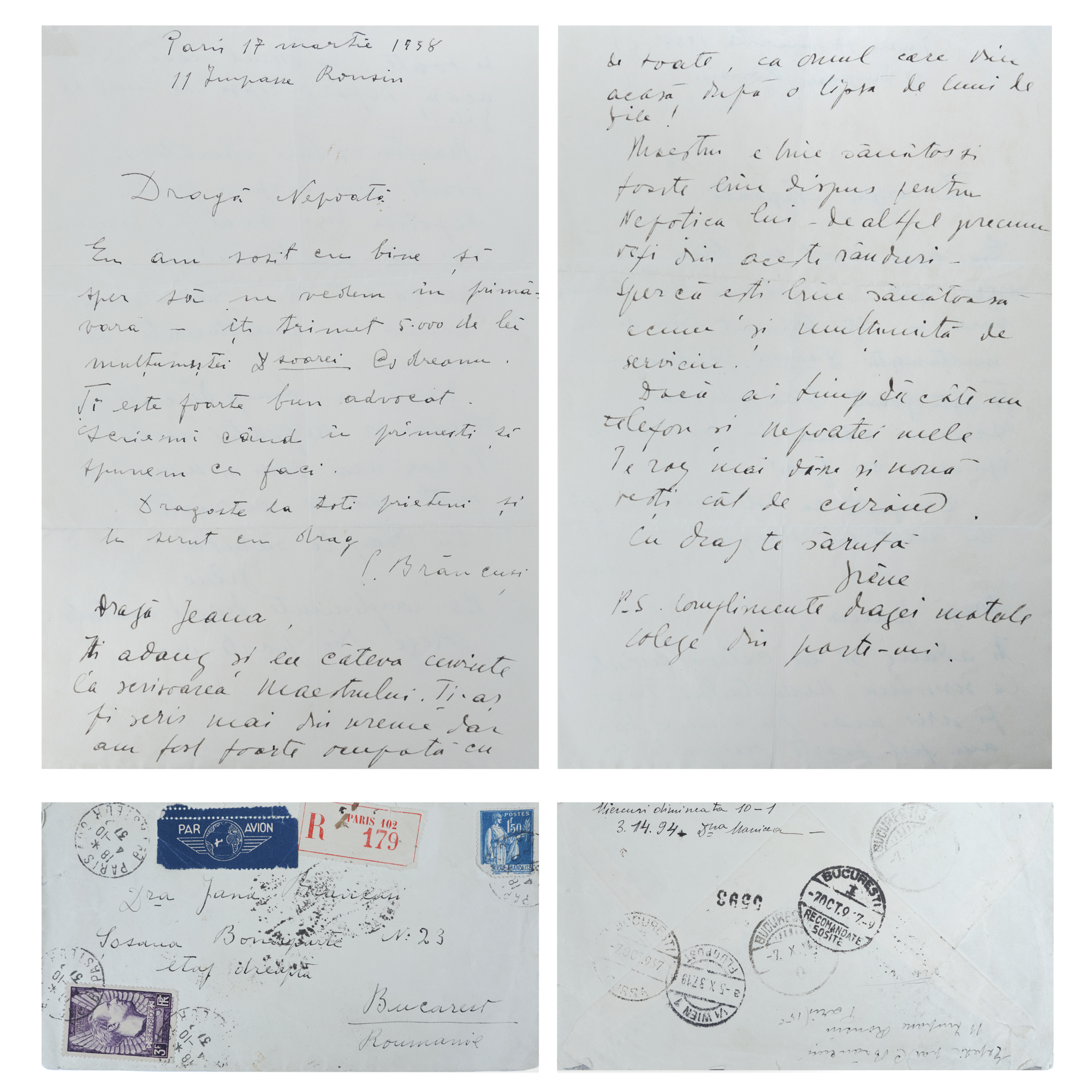 Inedit lot format din două scrisori olografe trimise de Constantin Brâncuși către nepoata sa Ileana Brâncuși, Paris, 1937-1938, însoțite de unul din plicurile originale, piese rare, de colecție