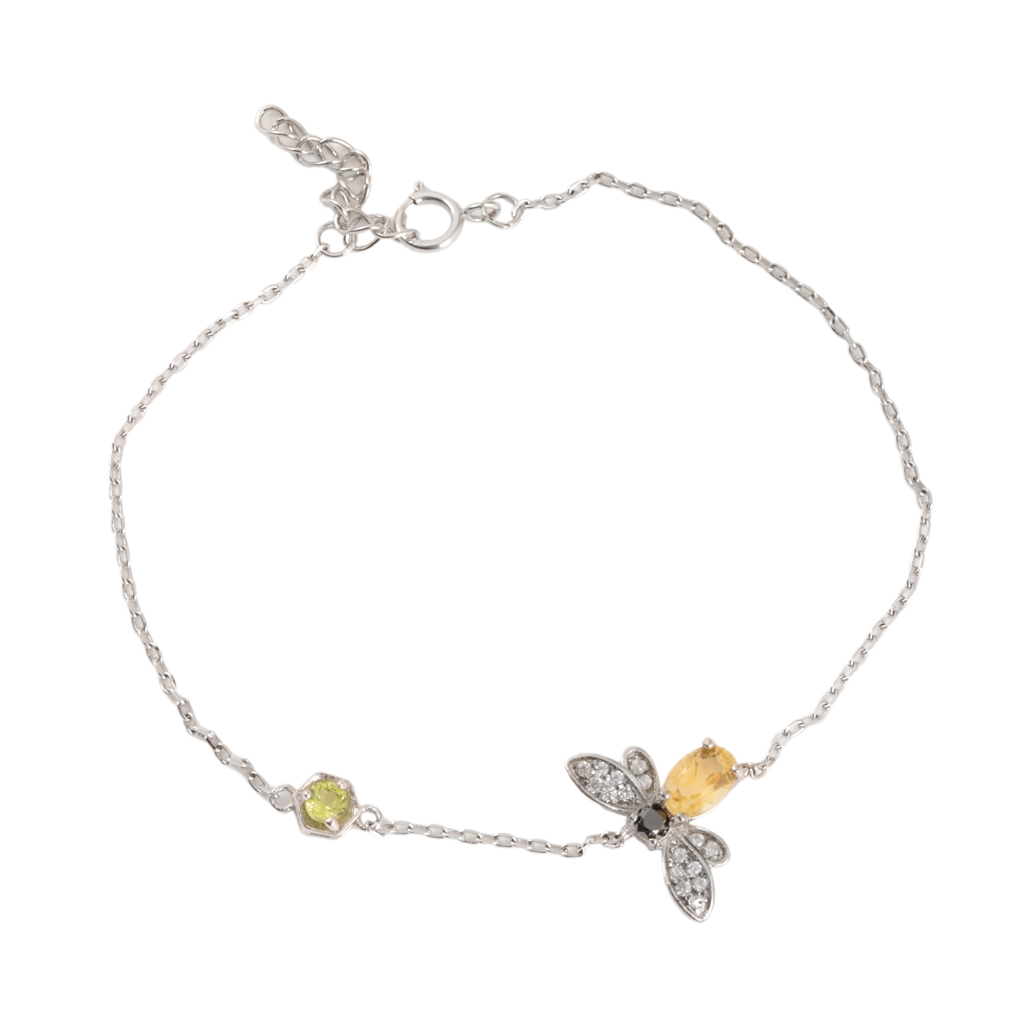 Brățară din aur alb, decorată cu citrin, diamant și peridot