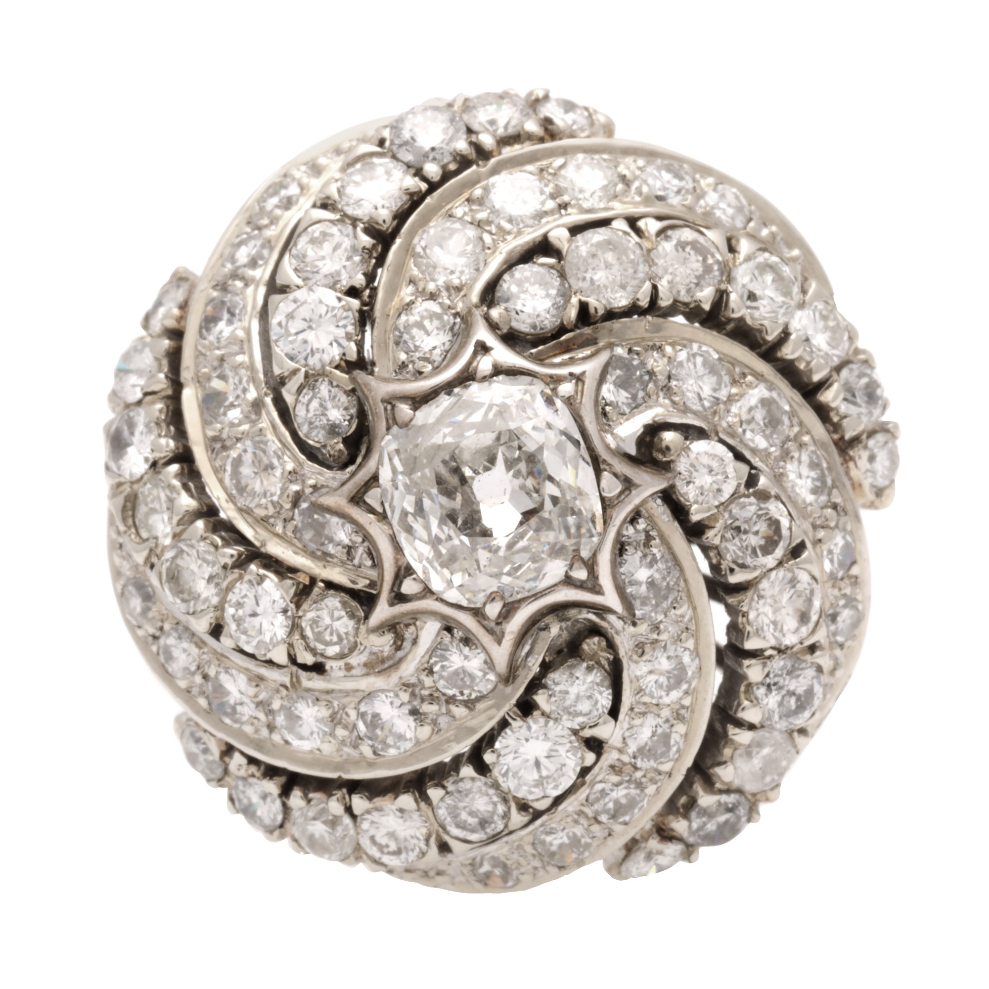 White gold and silver ring, decorated with strings of diamonds and central diamond