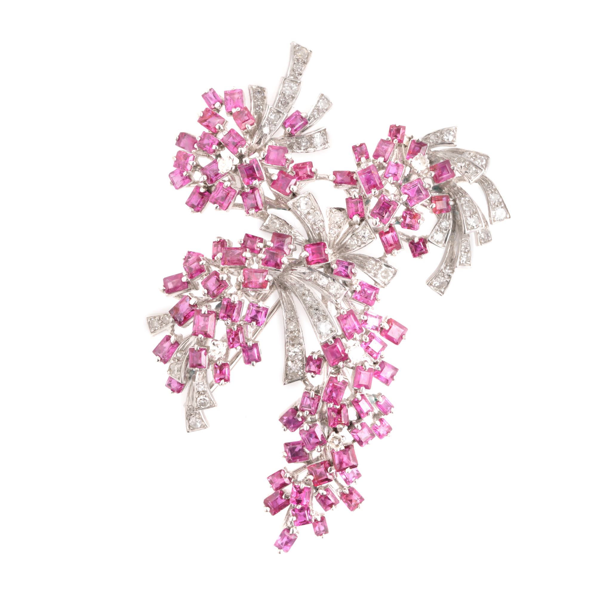 White gold brooch, decorated with rubies and diamonds