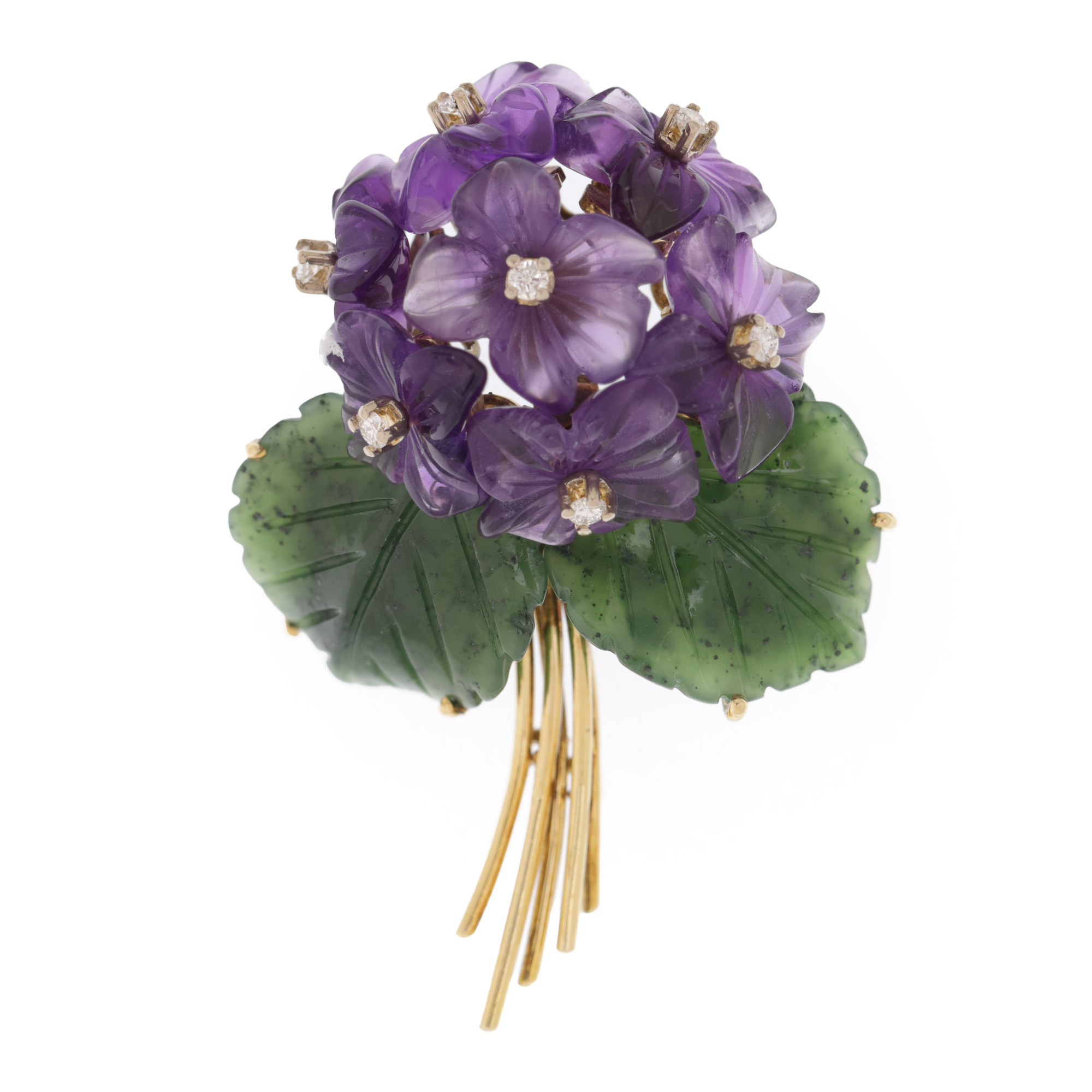 Gold brooch in the shape of a bouquet of snowdrops, decorated with amethysts, diamonds and nephrite