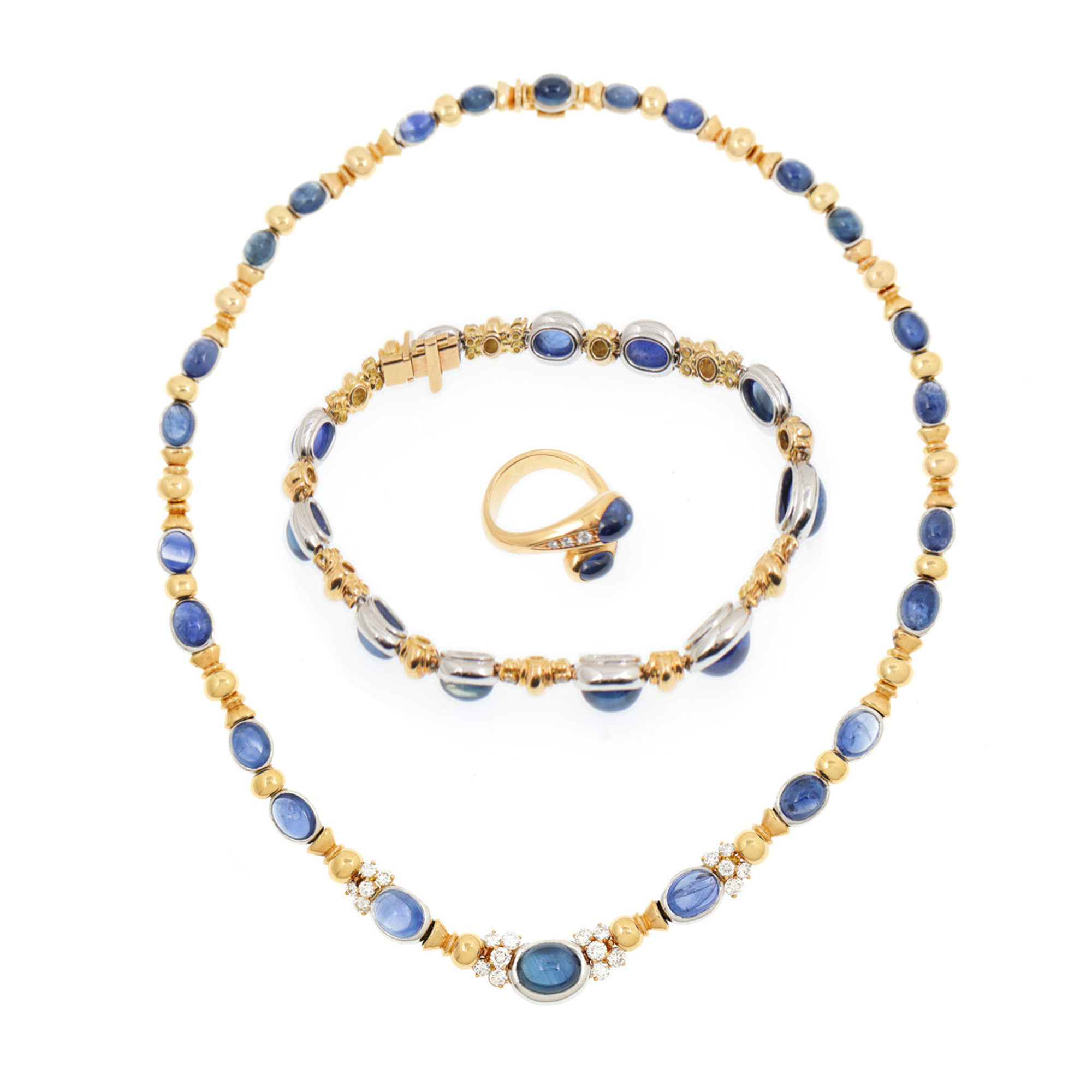 Exceptional bicolor gold set from Maison Tabbah, consisting of a bracelet, ring and necklace, decorated with diamonds and sapphires