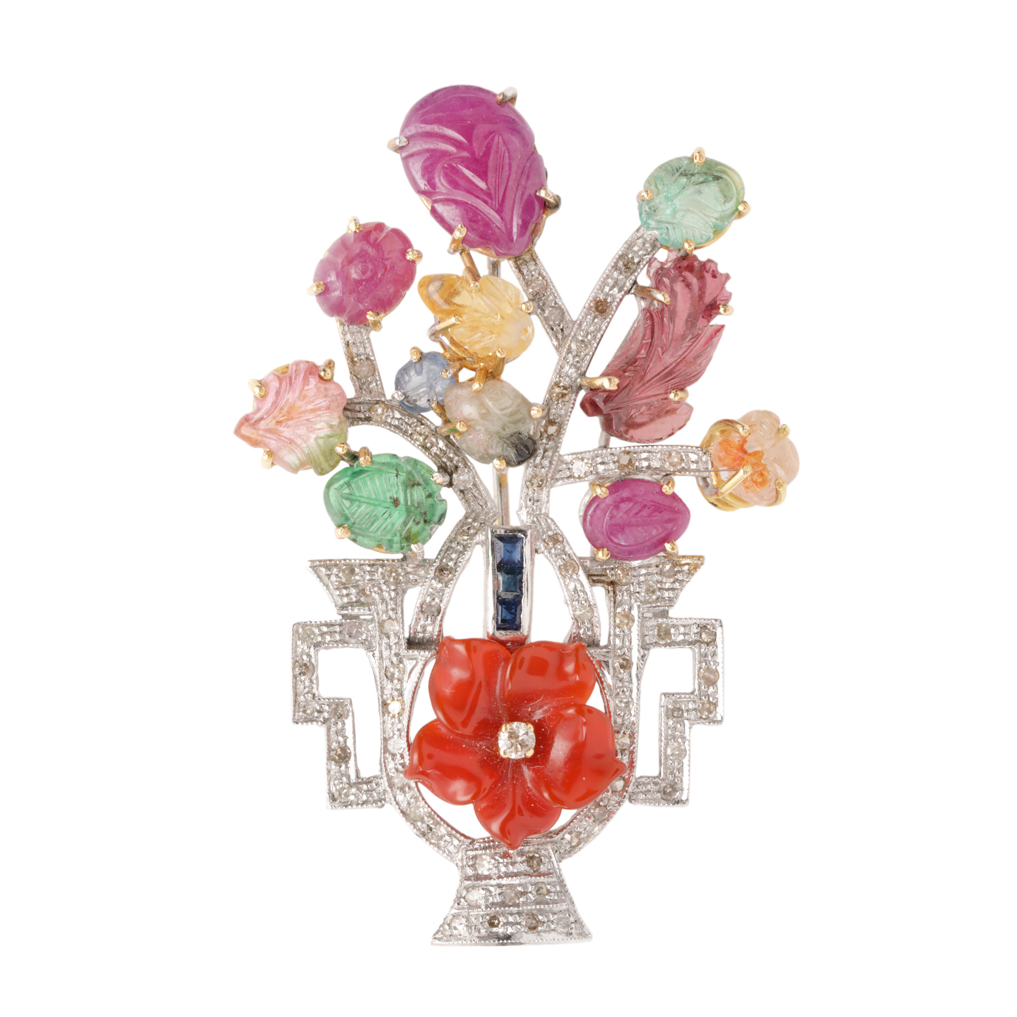 Bicolor gold brooch, decorated with diamonds and a cocktail of semi-precious stones