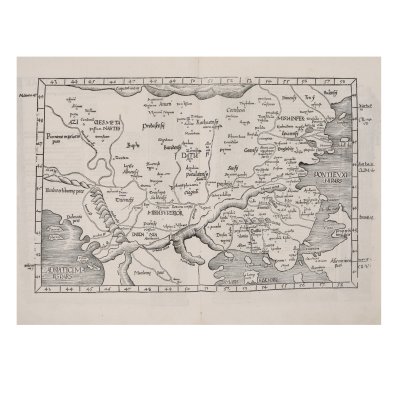 Hartă "Dacia, Peninsula Balcanică și Grecia", de Lorenz Fries, după Ptolemeu, Lyon, 1535