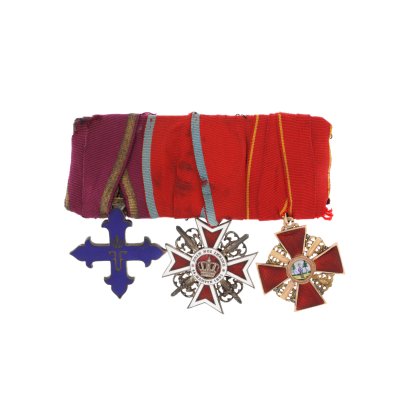 Bar with three decorations, Order of Michael the Brave 3rd class, Order of the Crown of Romania knight, Order of Saint Anne, period of the First World War