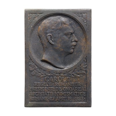 Placheta ”Carol II, Președintele de Onoare al Societății Numismatice Române”, gravor Emil Wilhelm Becker, 27 aprilie 1933