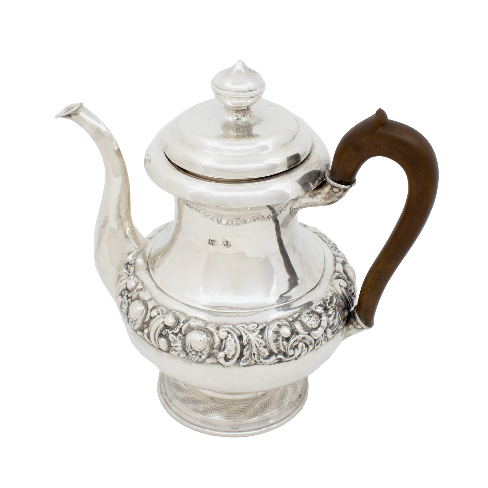 Biedermeier Silver Coffee Pot with Rosewood Handle, Master Andreas Weichesmüller, decorated in repousse with roses, cca. 1836-1846, from the Garabet Avachian collection