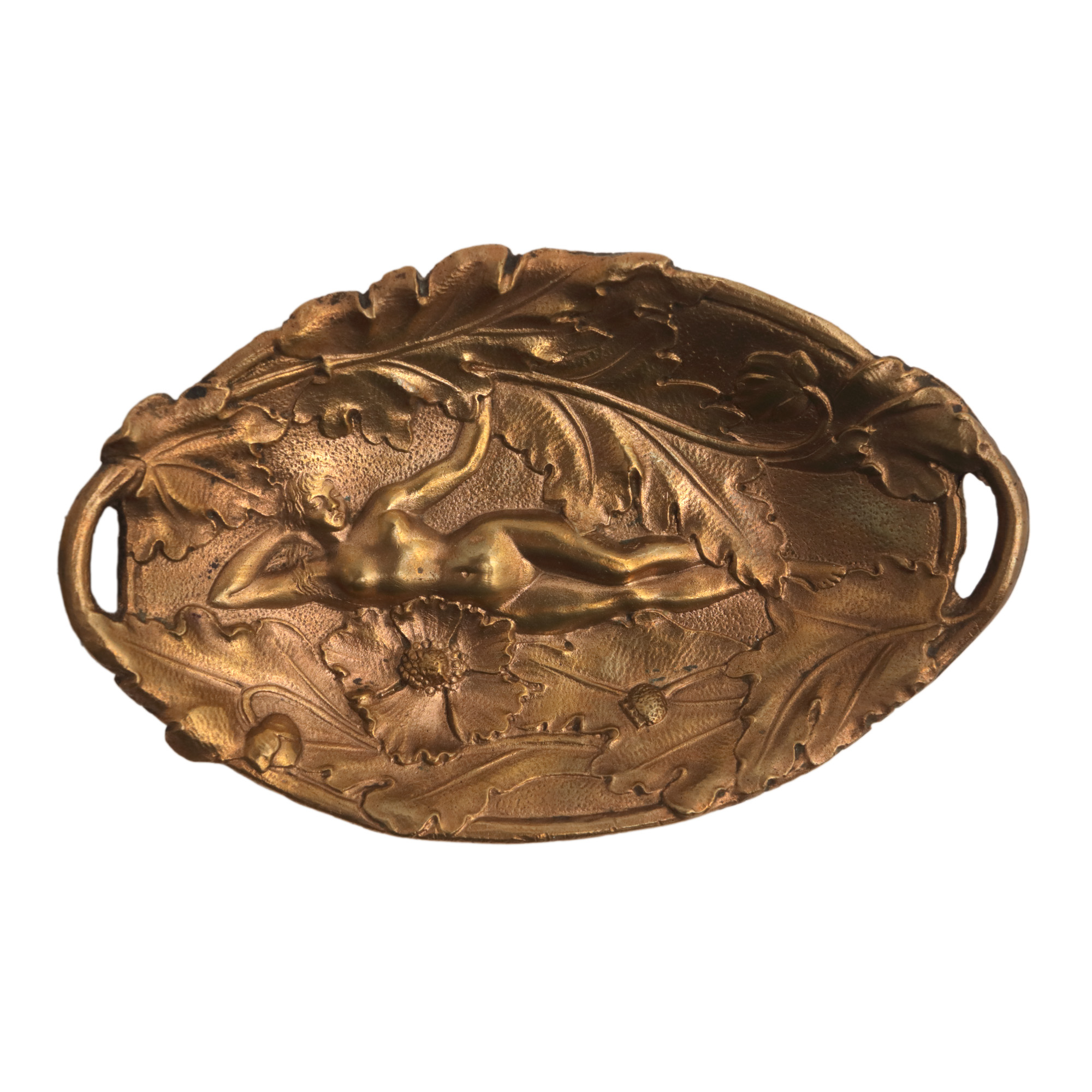 Miniature Art Nouveau style bronze tray, decorated with a nude woman and poppies, cca. 1900