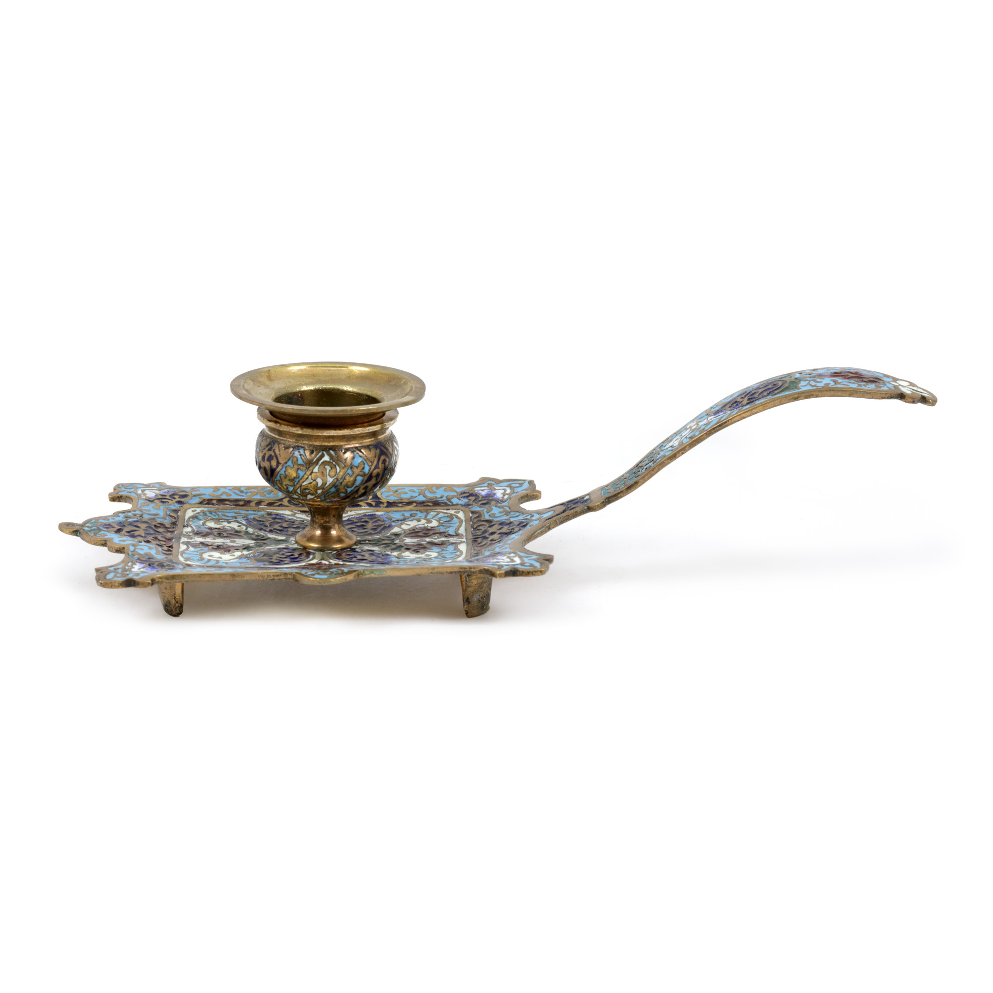 Gilded bronze hand candlestick, possibly from the Ferdinand Barbedienne workshop, decorated in cloisonné and champlevé enamel technique, circa 1880, from the Moise Weinberg collection