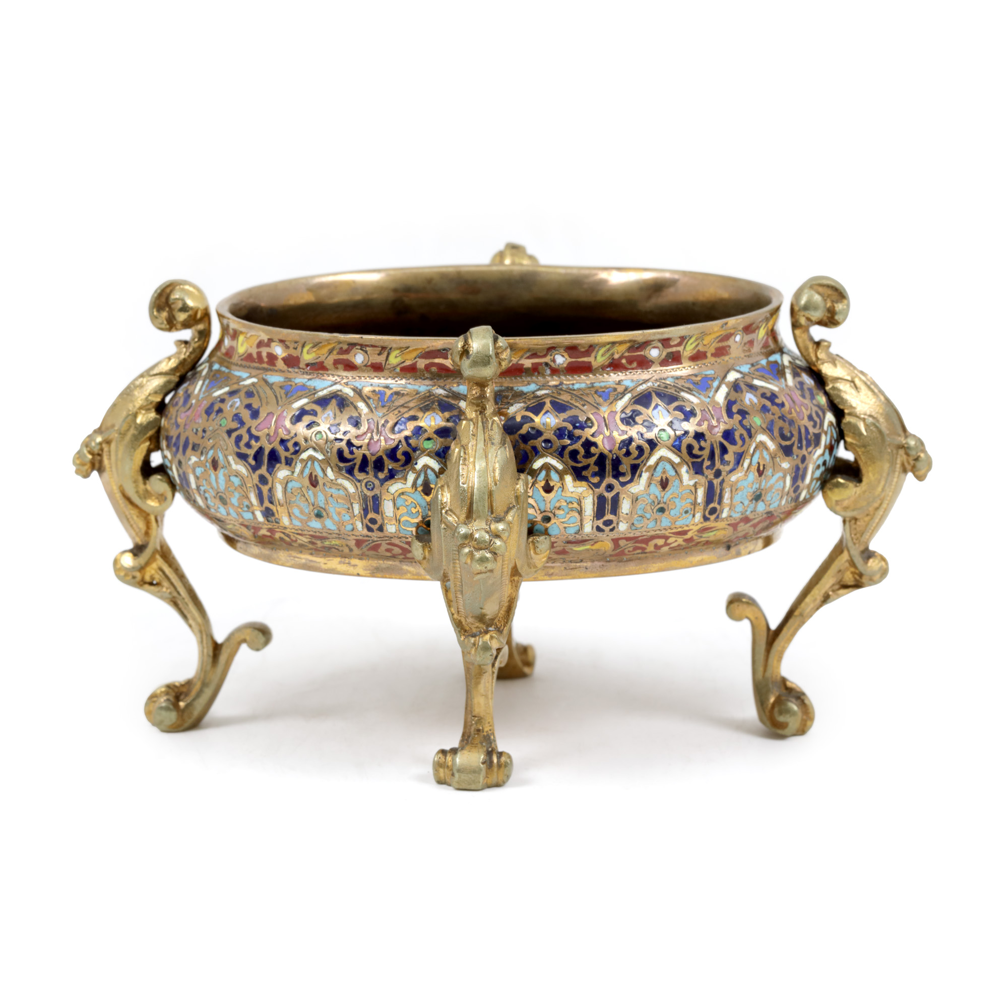 Belle Époque Gilt Bronze Jardiniere, possibly from the Ferdinand Barbedienne workshop, decorated in cloisonné and champlevé enamel technique, circa 1880, from the Moise Weinberg collection