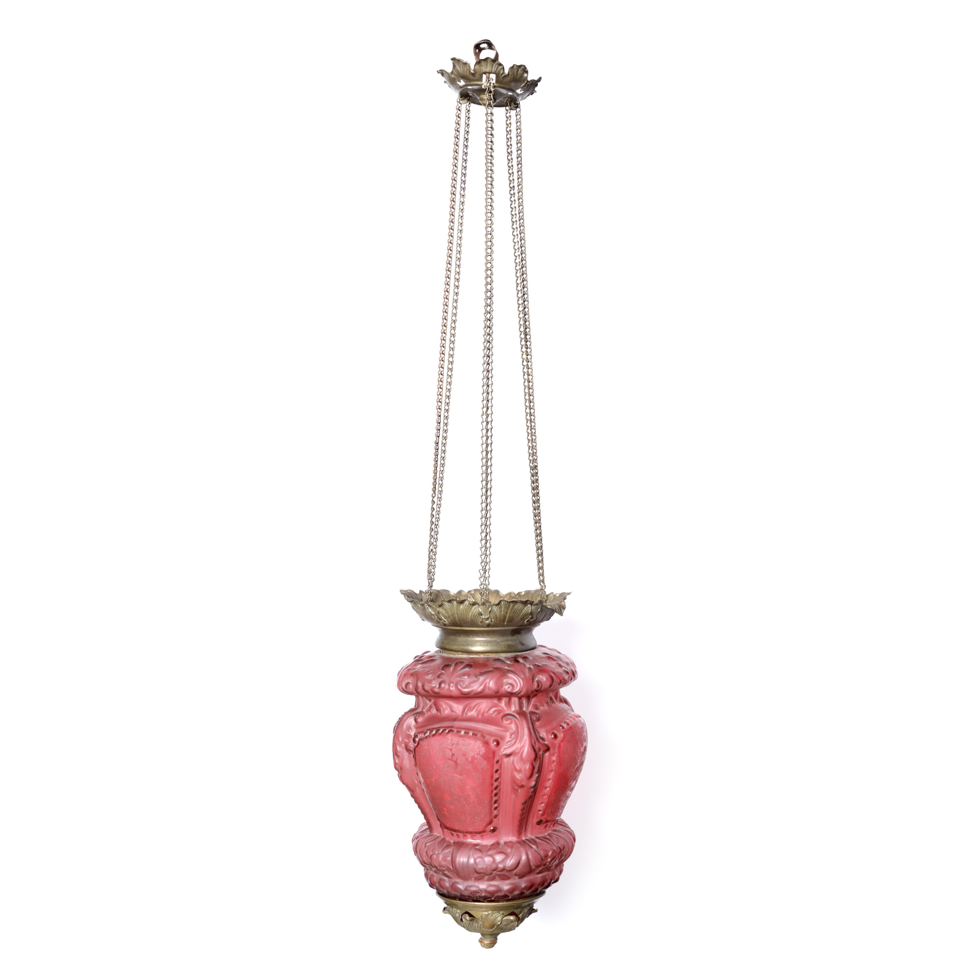 ”Moon lamp” - lampă Neobizantină cu sticlă opalină, decorată cu amorași, sfârșitul sec. XIX