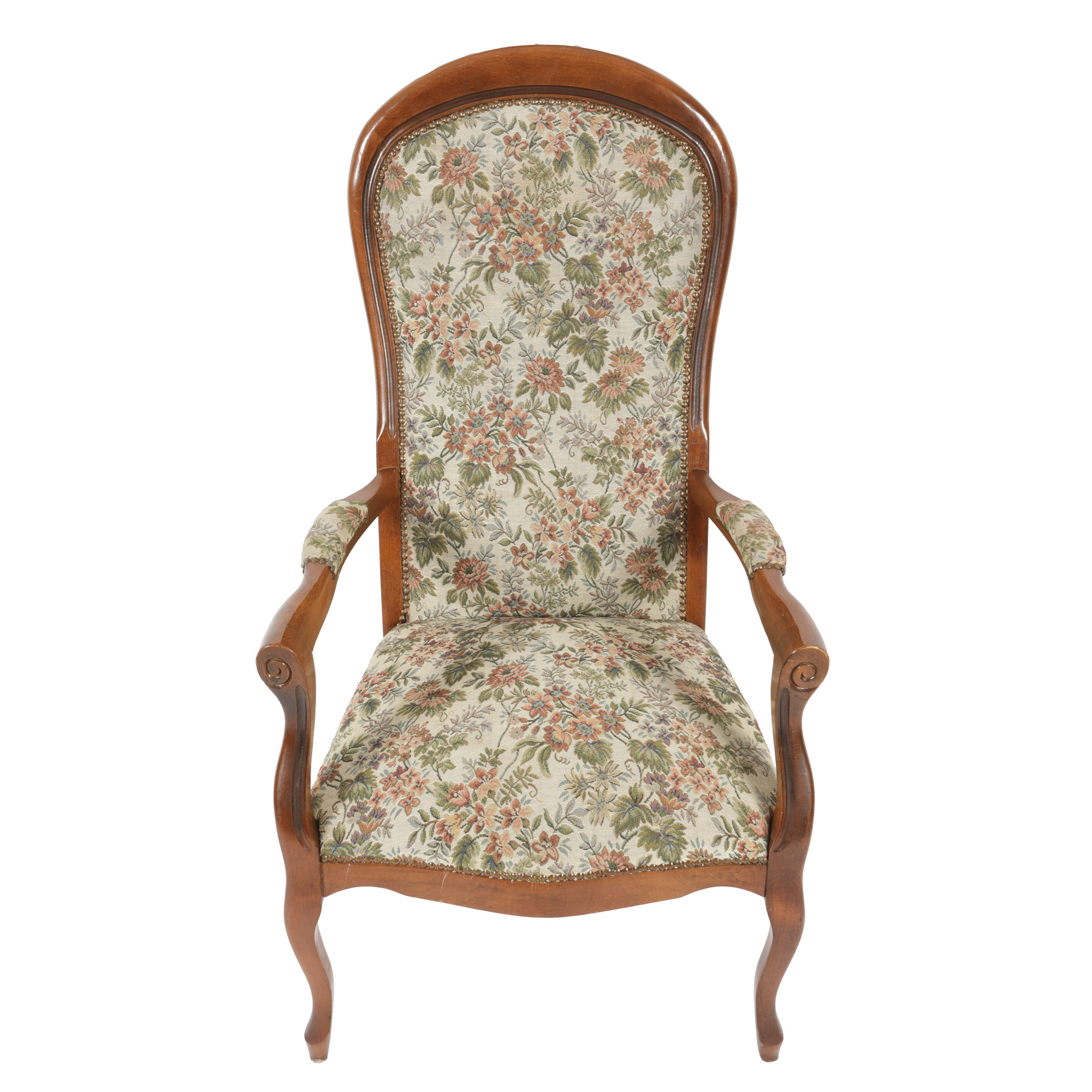 Historist style armchair, with upholstery decorated with chrysanthemums, first half of the 20th century